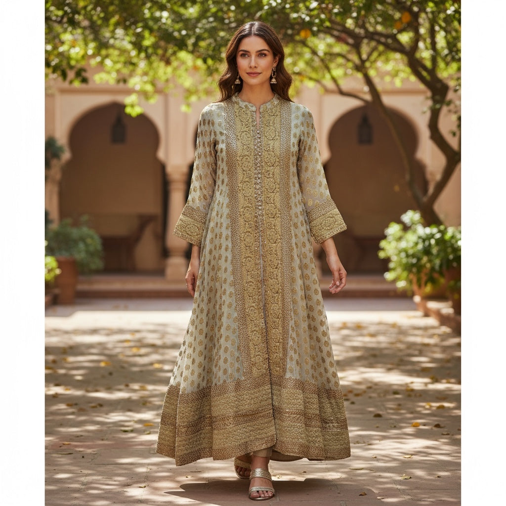 Ivory & Gold Georgette Anarkali-Size 36 - Vintage India NYC