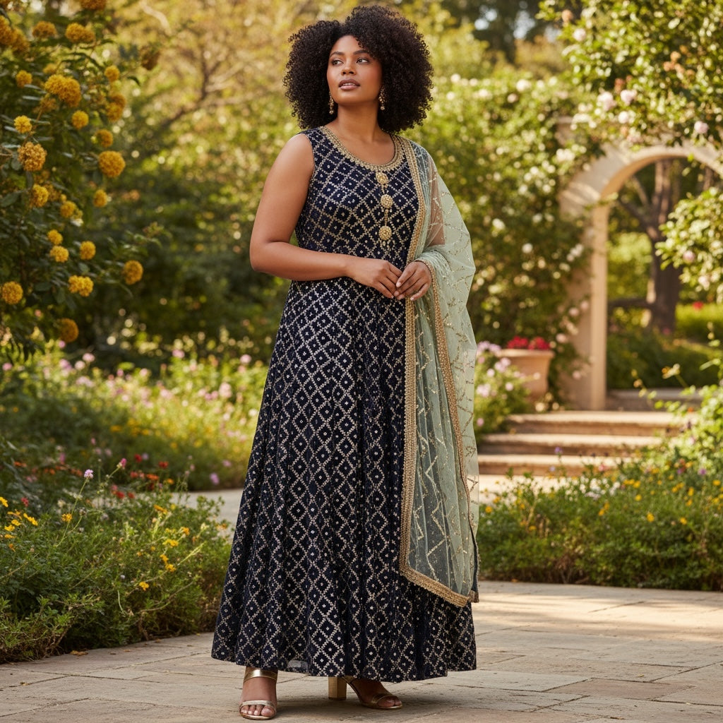 DT Navy & Gold Gown - Vintage India NYC