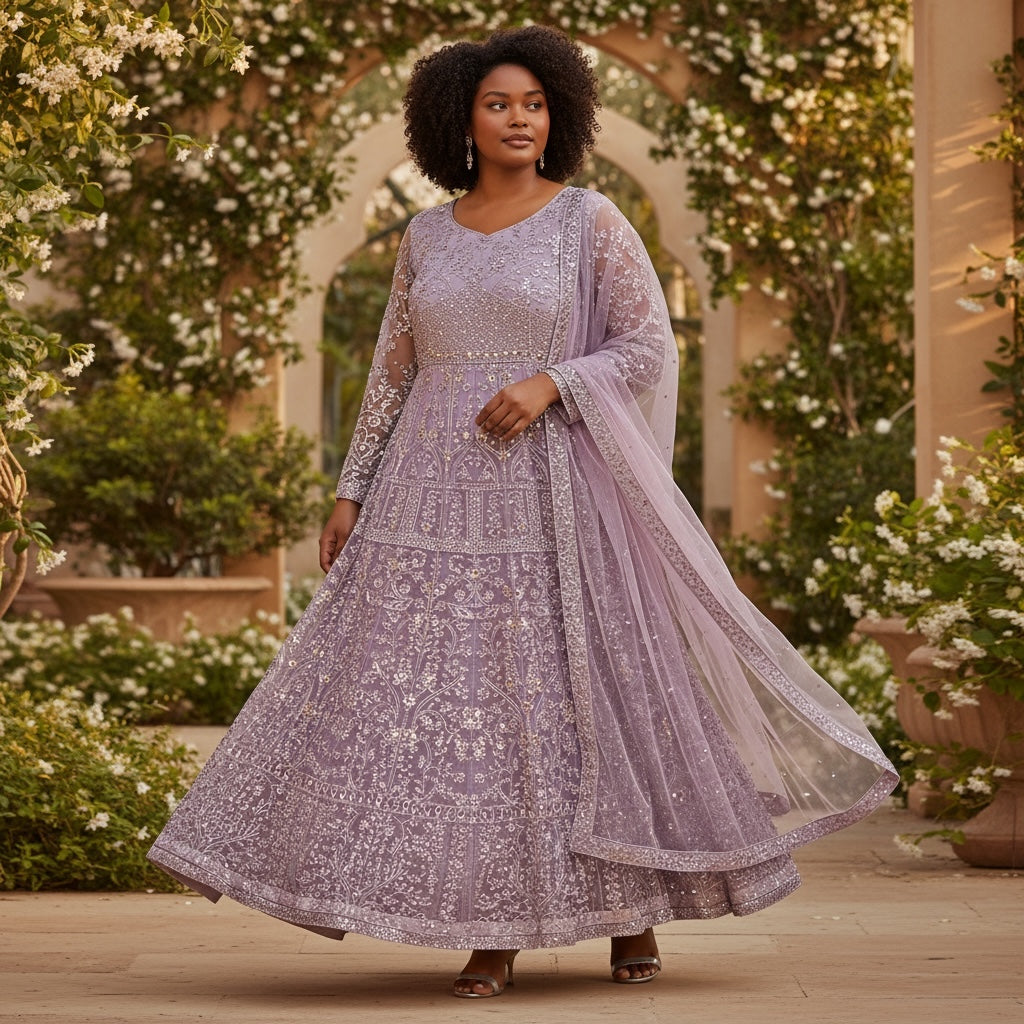 Plus Size Lilac Anarkali Gown - Vintage India NYC
