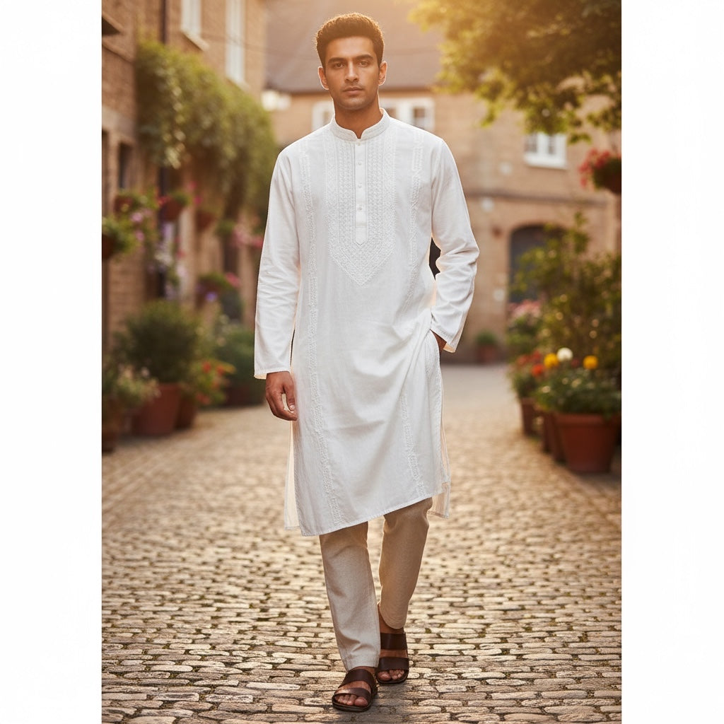 LH Hand Embroidered White Kurtas- 1045 Oval
