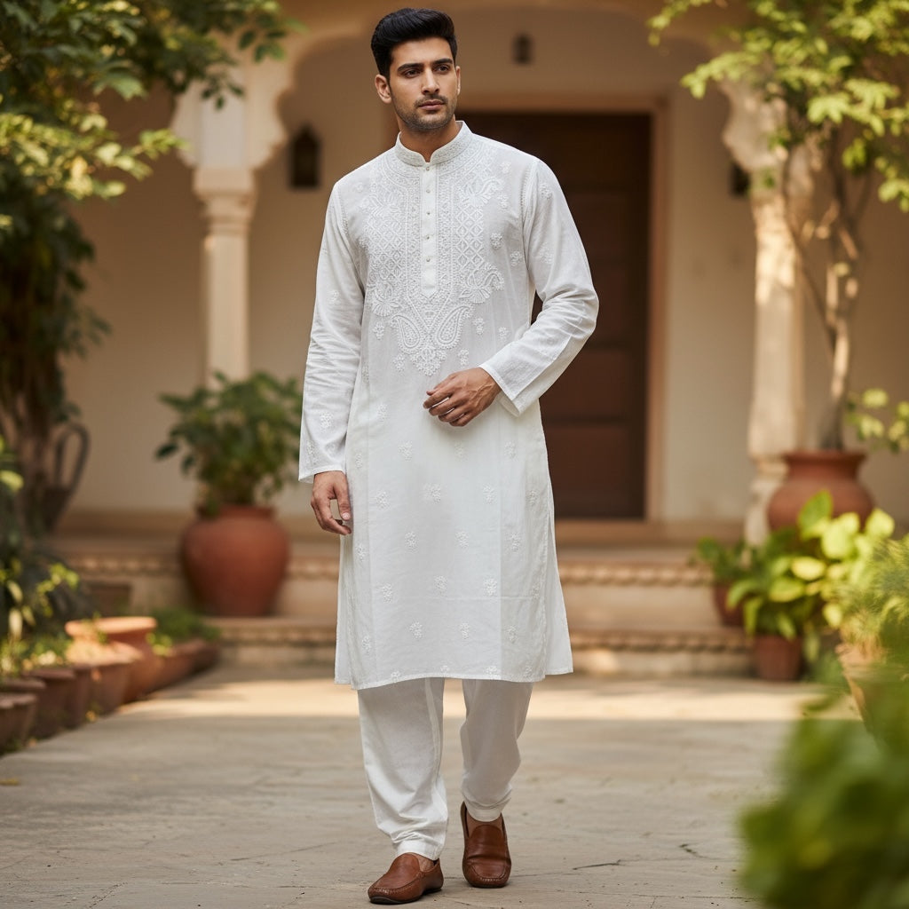 LH Hand Embroidered White Kurtas- Small Diamond