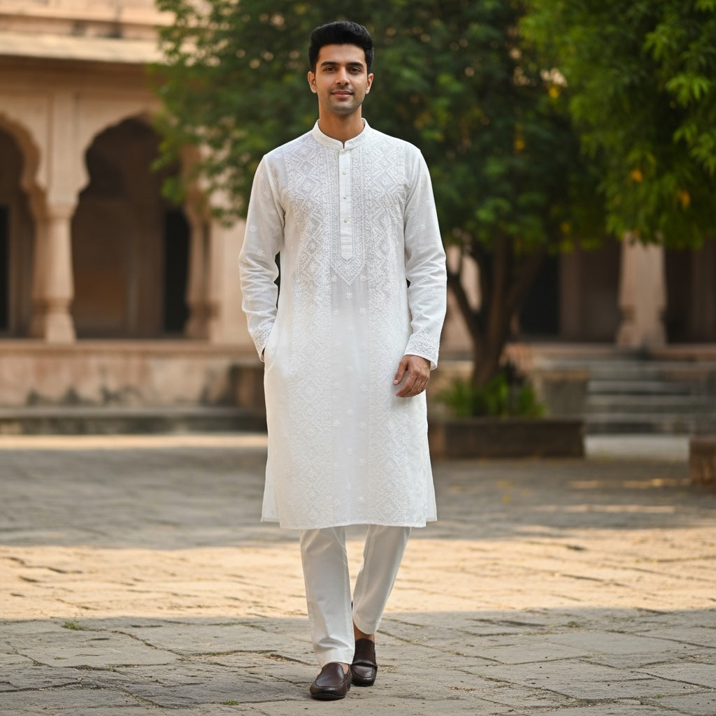 LH Hand Embroidered White Kurtas- Diamond
