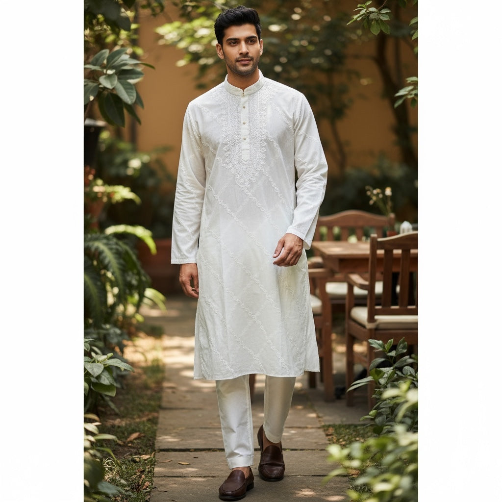 LH Hand Embroidered White Kurtas- 1042 Floral Scroll