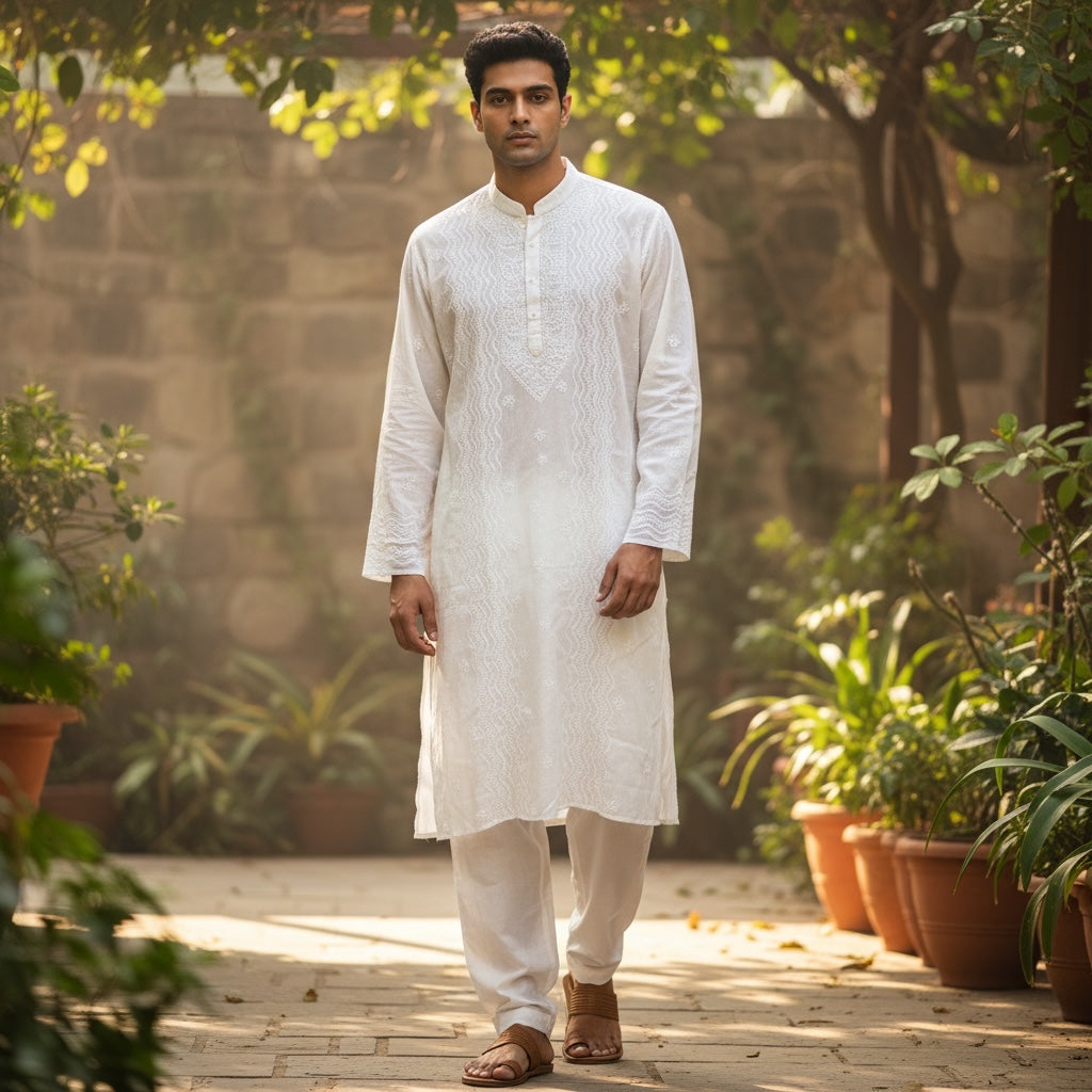 LH Hand Embroidered White Kurtas- 1042 Wave