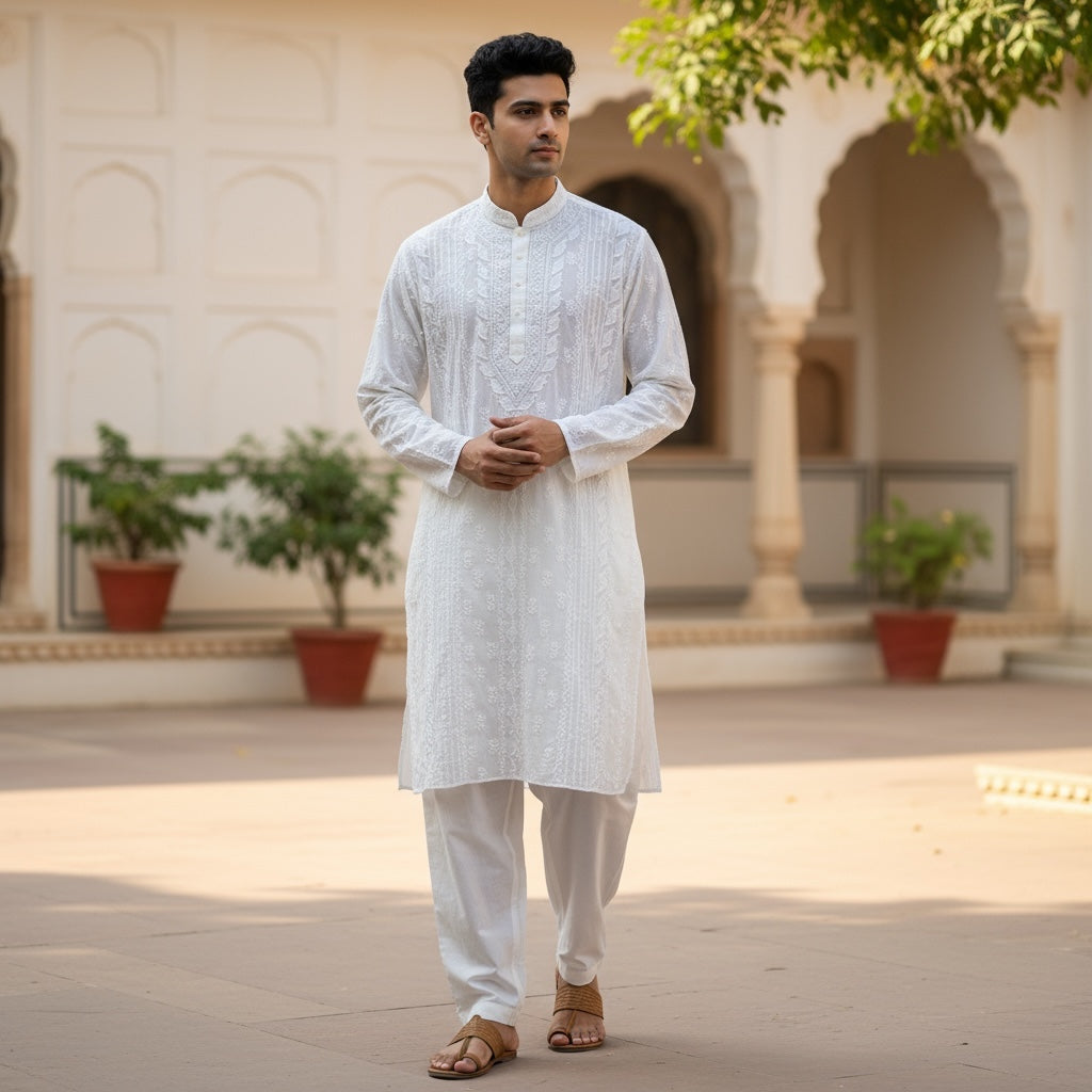 LH Hand Embroidered Patikakam White Kurtas