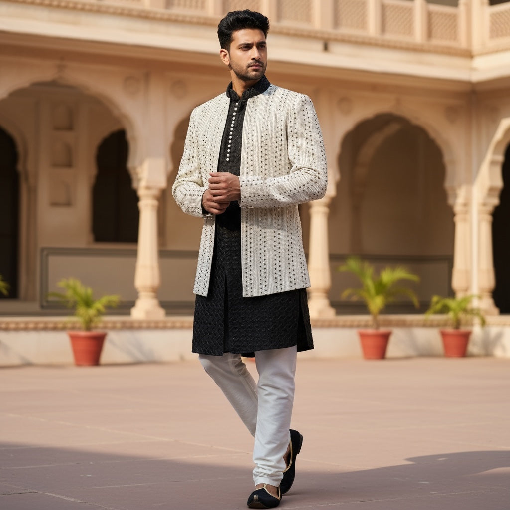 Silver & Black Jacket Sherwani