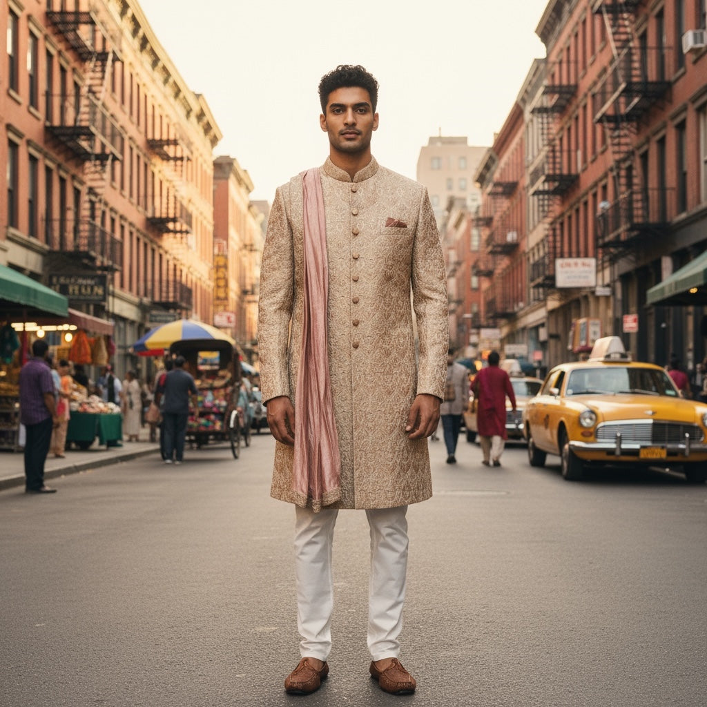 Mauve & Gold Embroidered Sherwani - Vintage India NYC