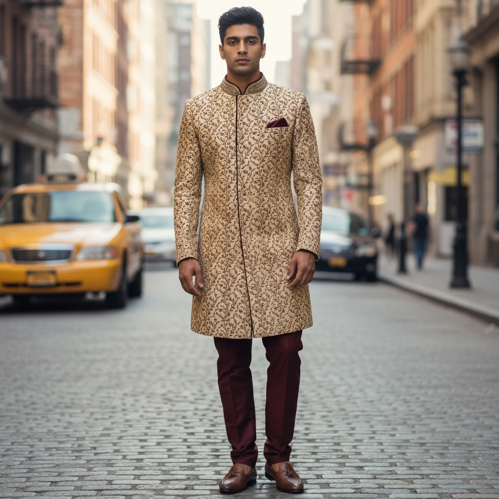 YD Gold Heavy Embroidered Sherwani - Vintage India NYC