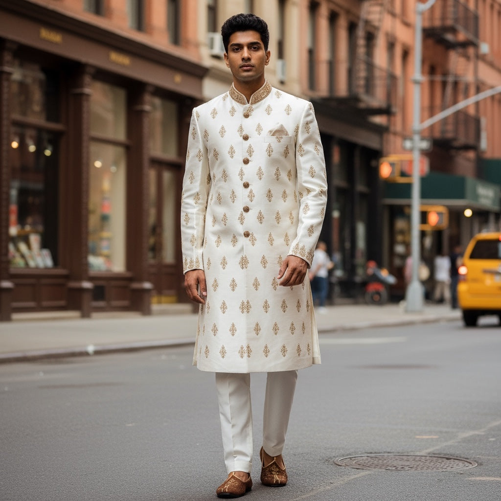 YD Ivory Gold Motif Sherwani - Vintage India NYC