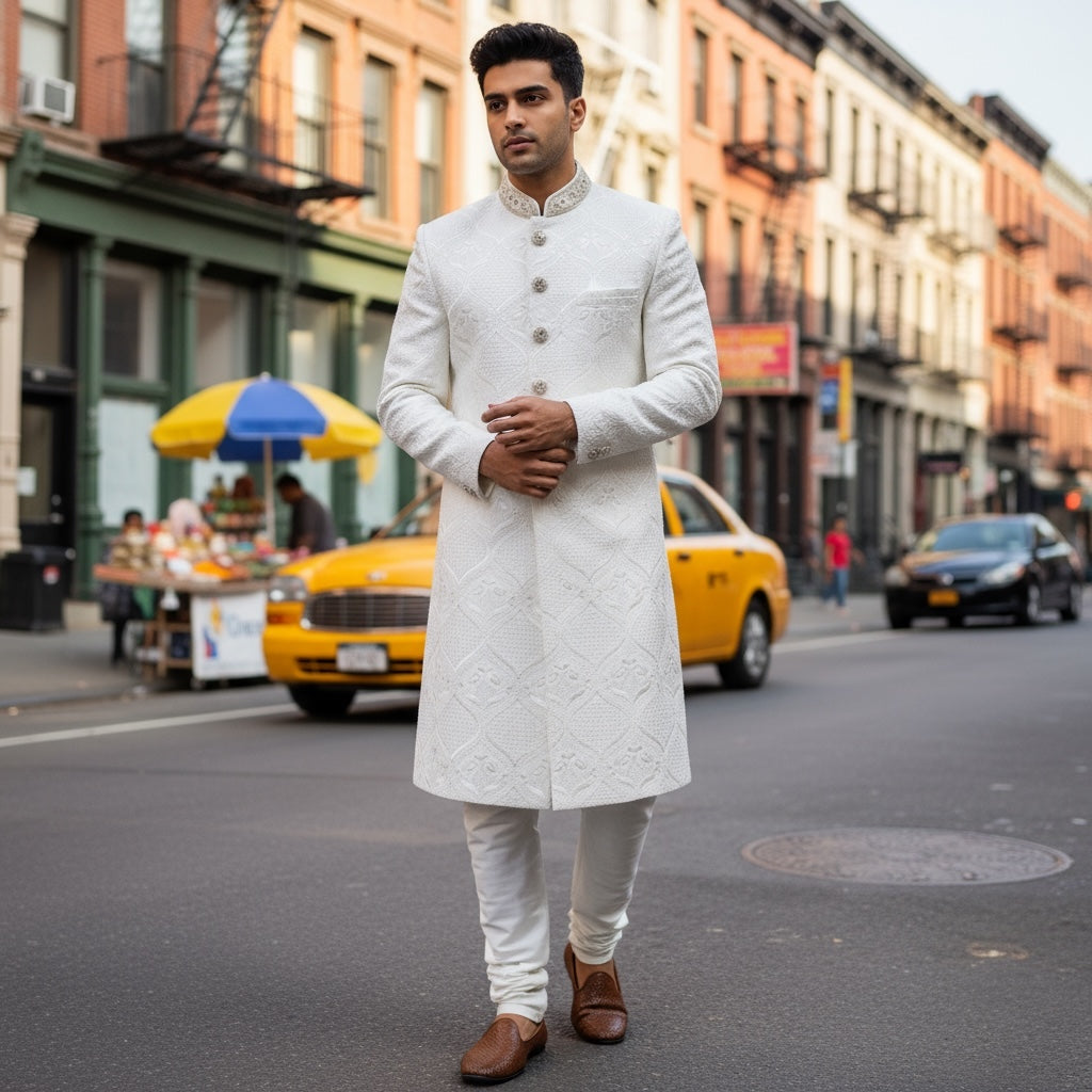 White Lucknowi Sherwani - Vintage India NYC