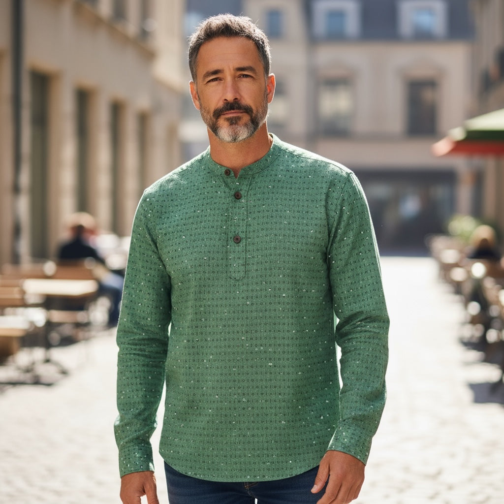 Mens Khadi Block Print Short Kurta / Shirt - Vintage India NYC