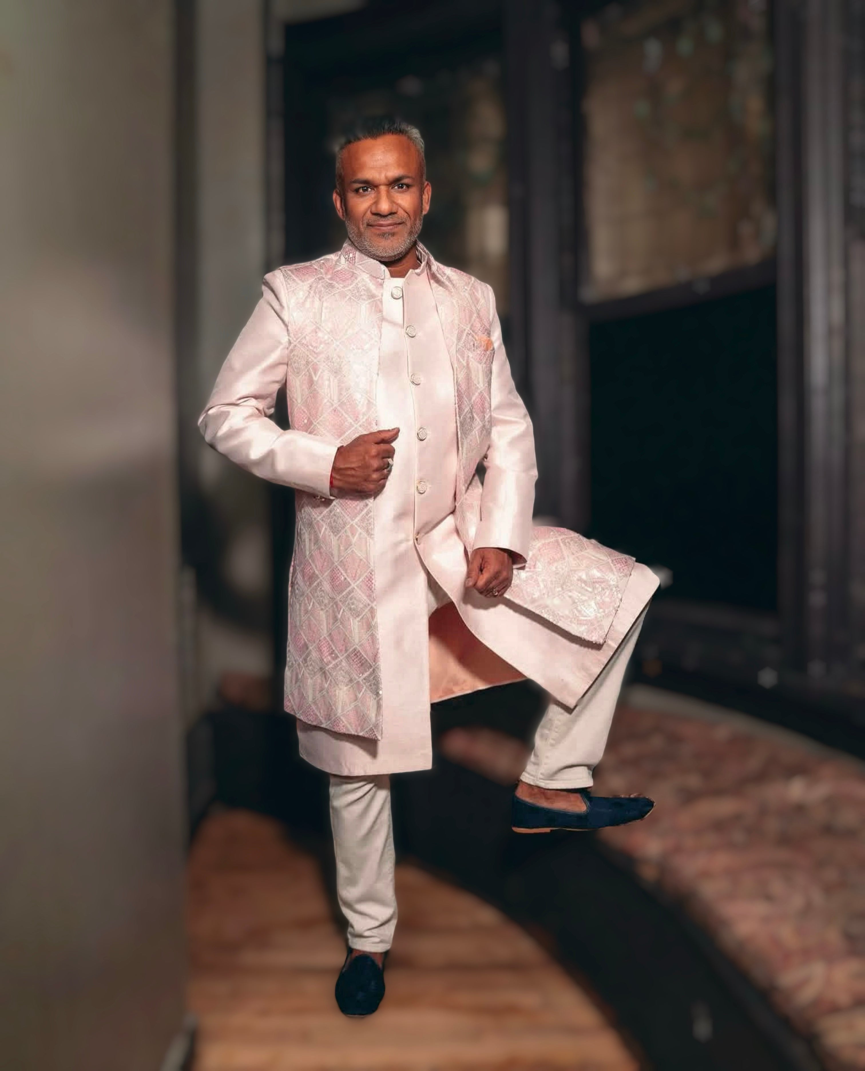 Pink 2 Piece Sherwani Vest Set - Vintage India NYC