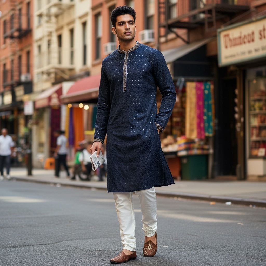 Navy Diamond Embroidered Sequin Kurta