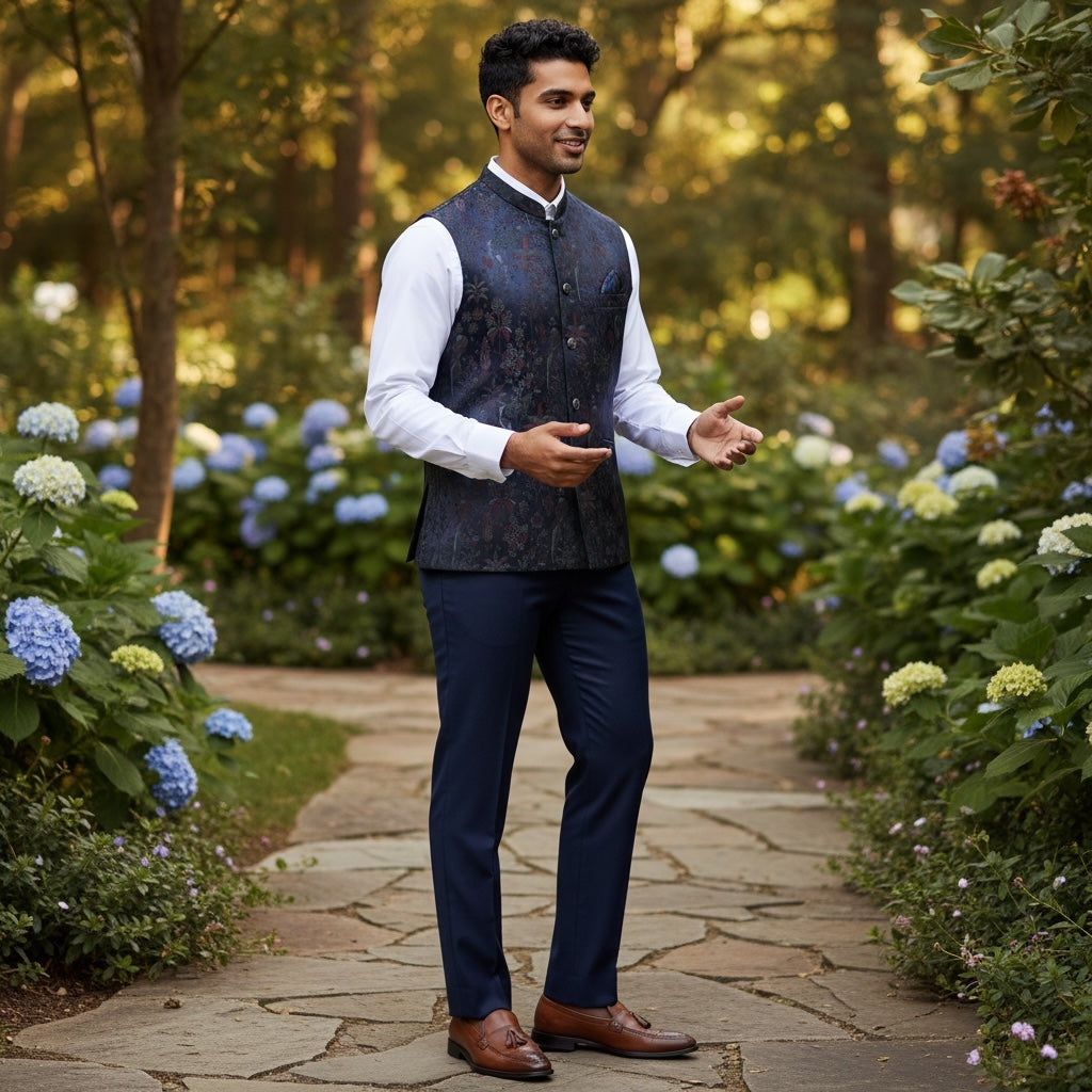 Navy Peacock Garden Brocade Vest
