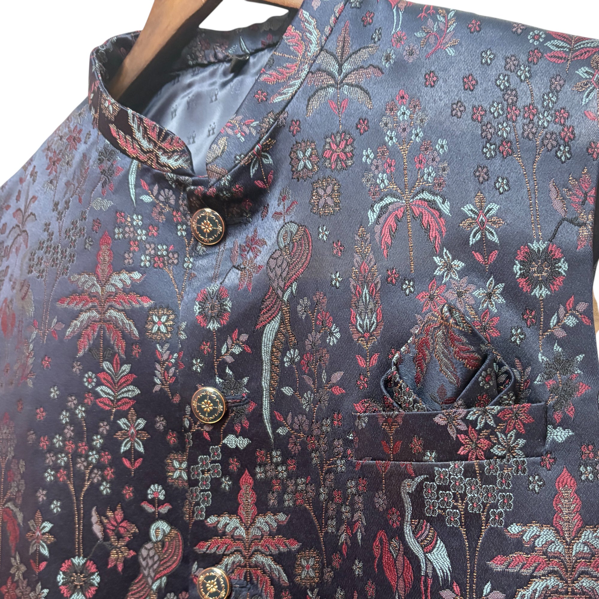 Navy Peacock Garden Brocade Vest