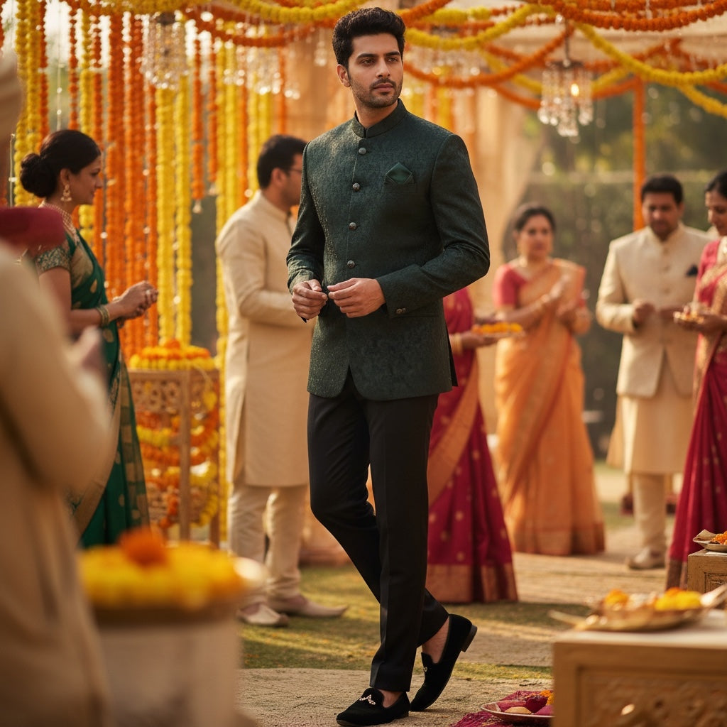 Bottle Green Brushstroke Jodhpuri Jacket