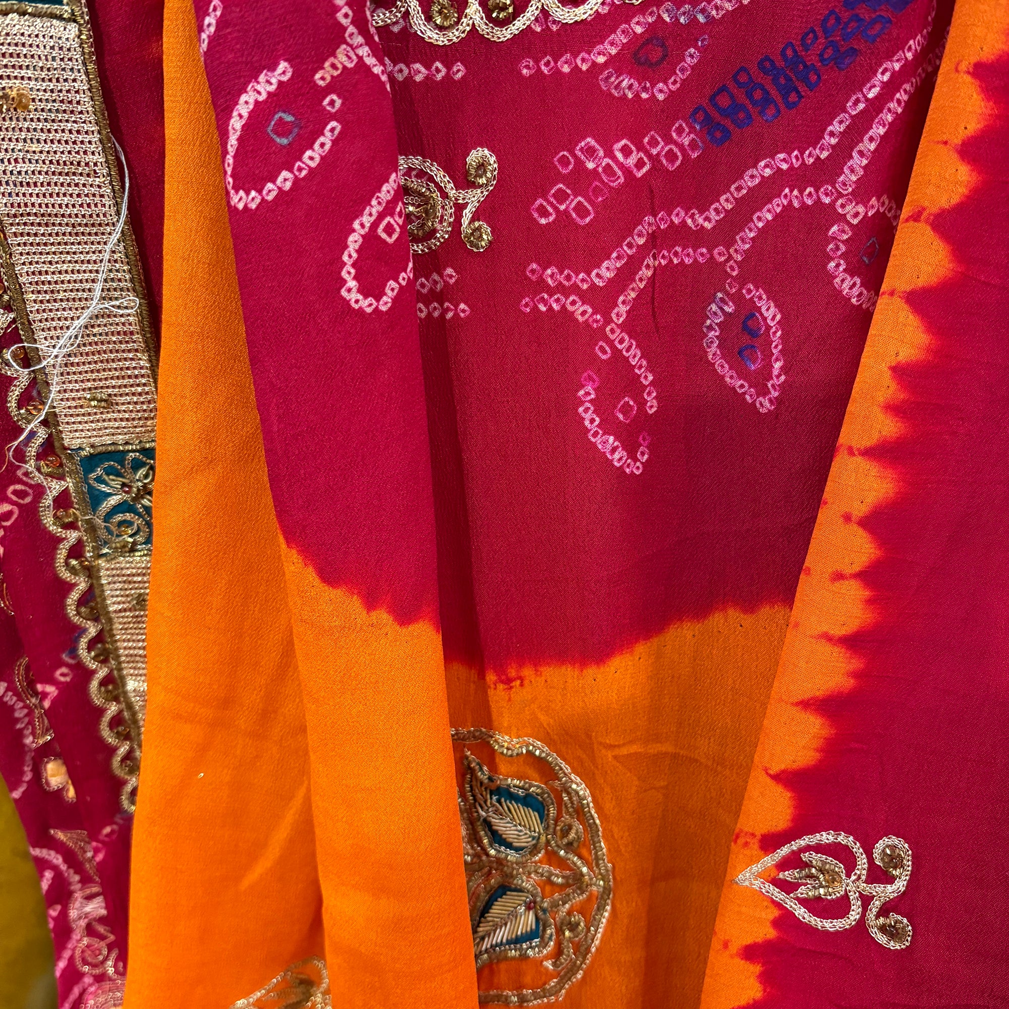 Red & Orange Bandhani Zari Embroidered Dupatta - Vintage India NYC