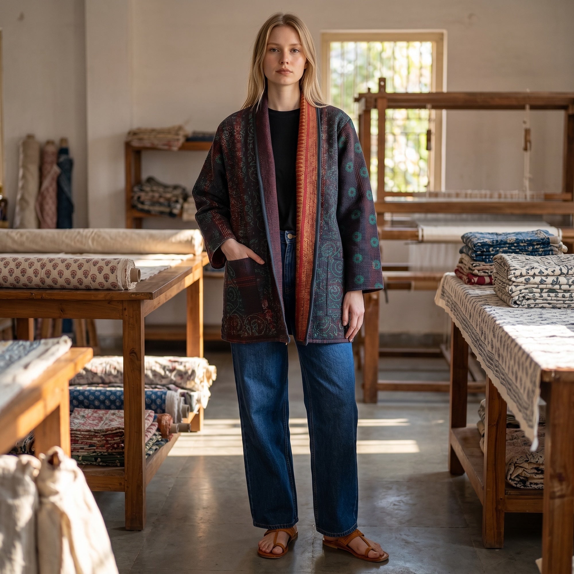 Indigo Cotton Kantha Quilted Jacket - Vintage India NYC