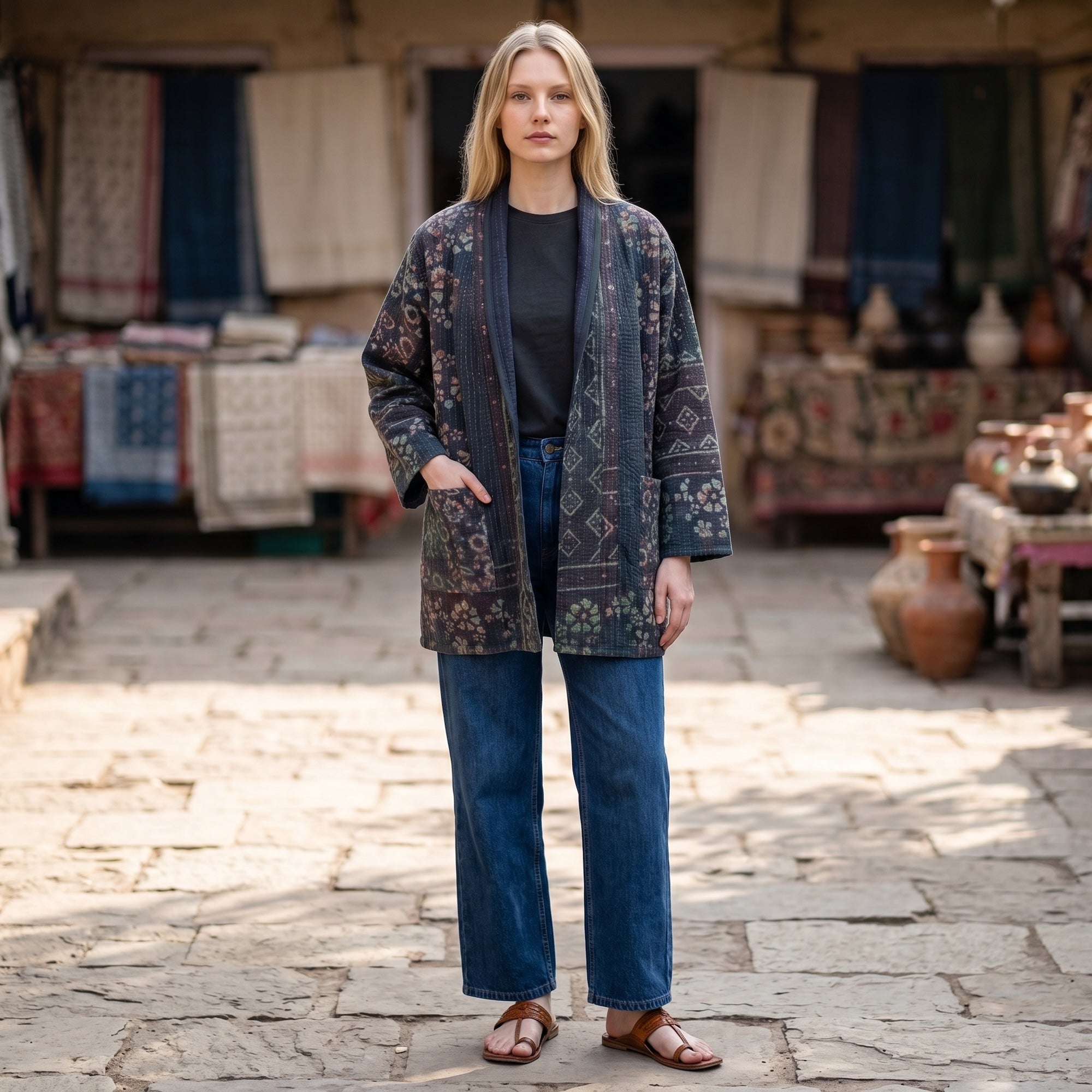 Indigo Cotton Kantha Quilted Jacket - Vintage India NYC