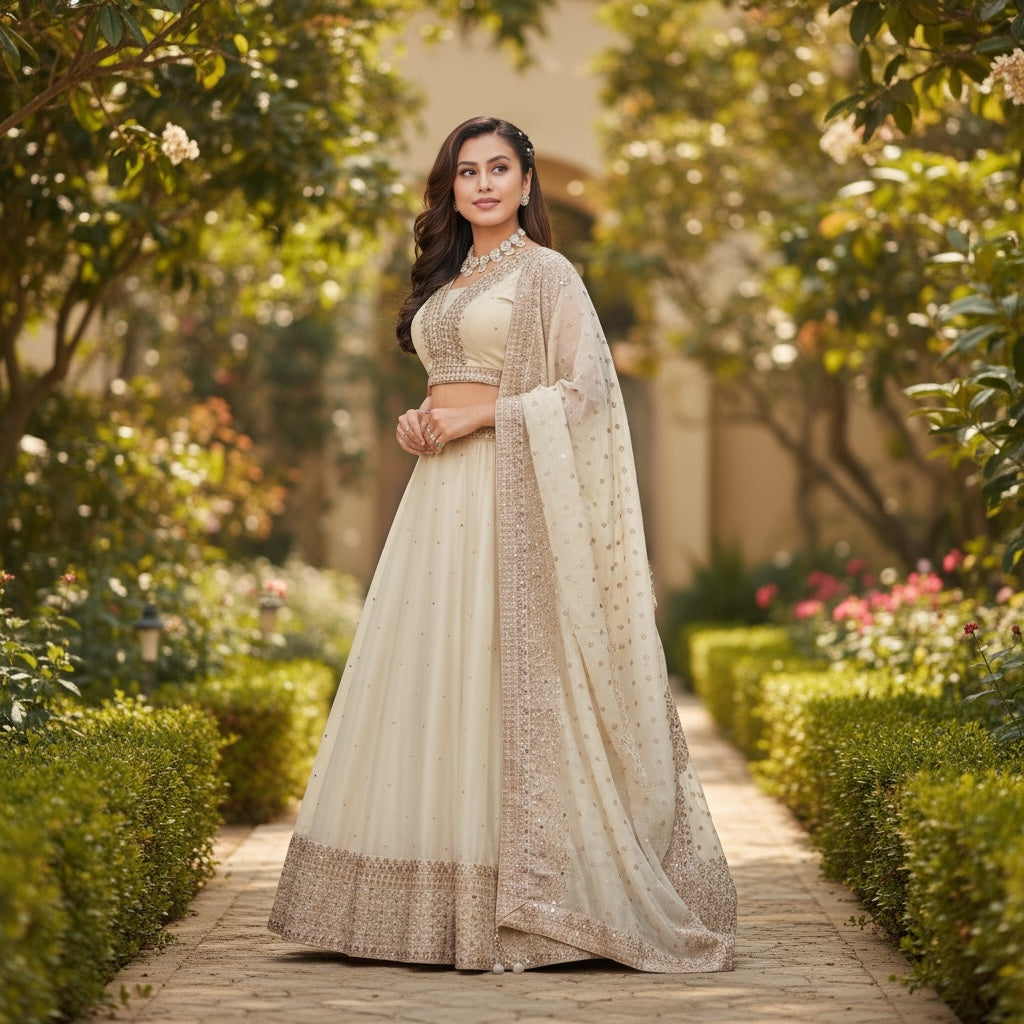 Light Gold Embroidered Lehengas-4 Colors Cream