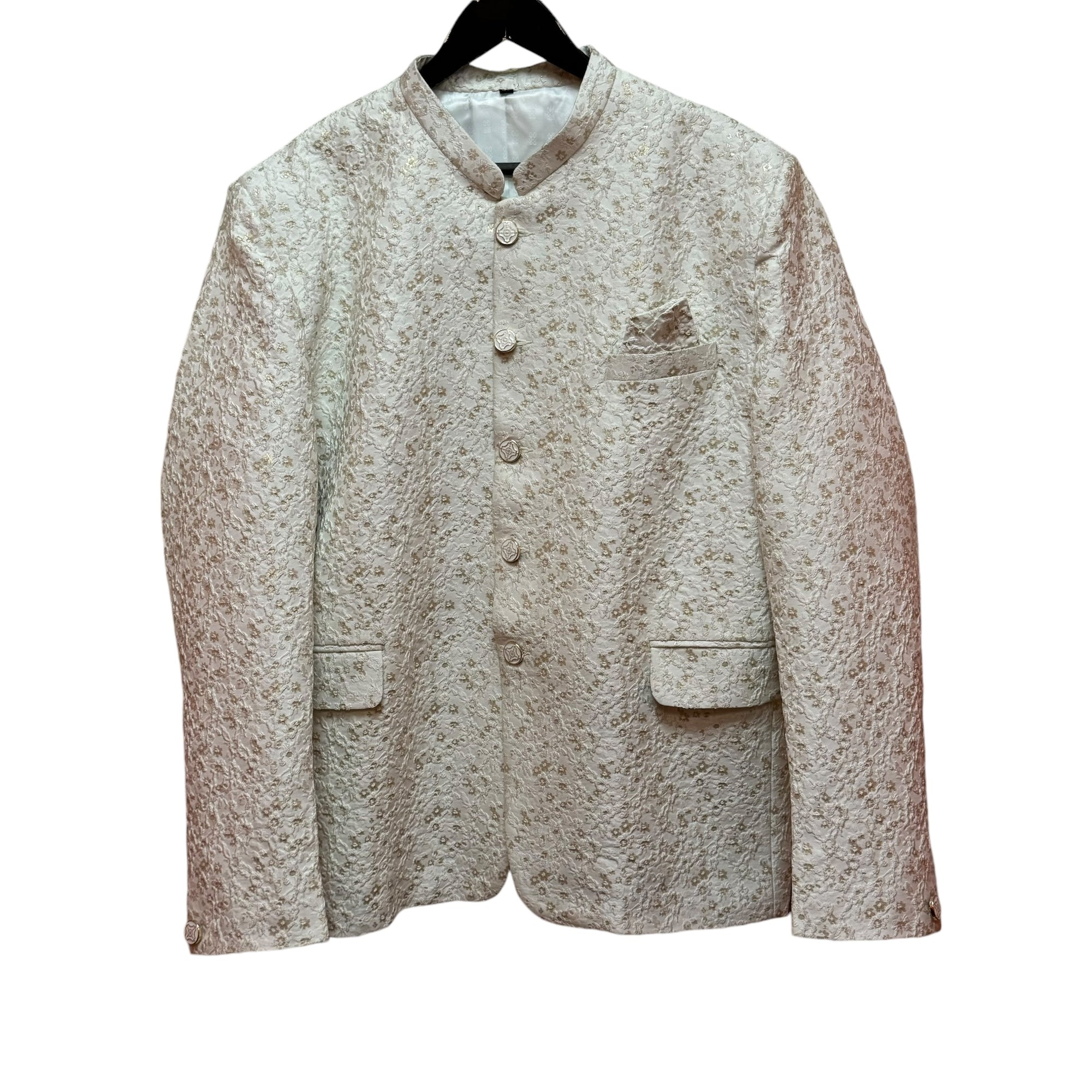 Ivory Floral Jacquard Jodhpuri Jacket - Vintage India NYC