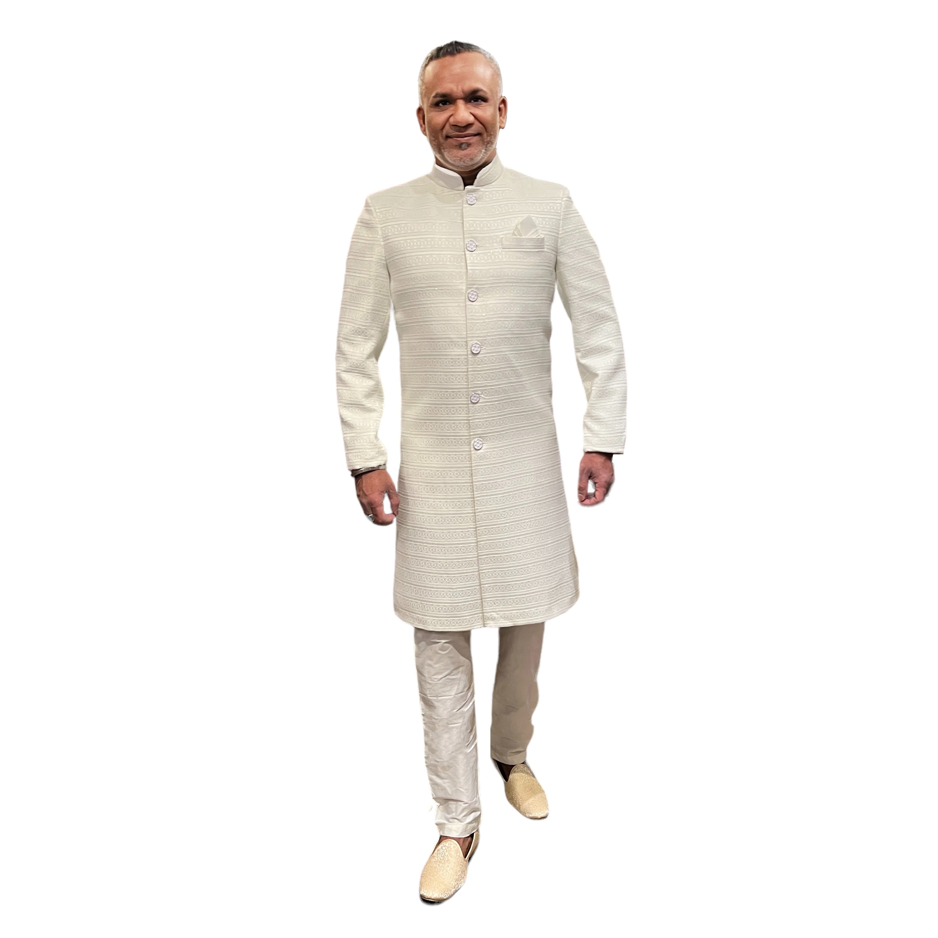 YD Ivory Self Embroidered Sherwani - Vintage India NYC