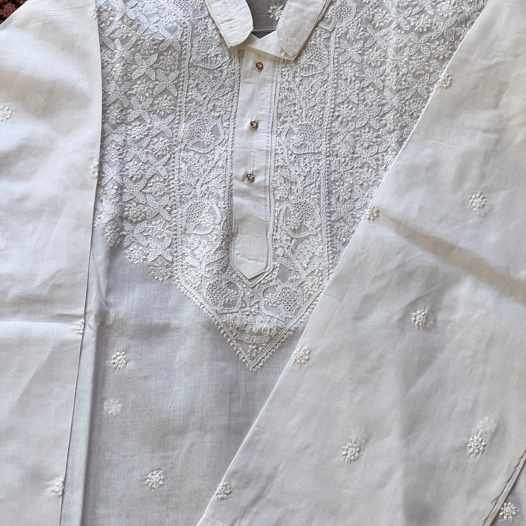 LH Hand Embroidered White Wedding or Puja Kurtas-Heavy Yoke - Vintage India NYC