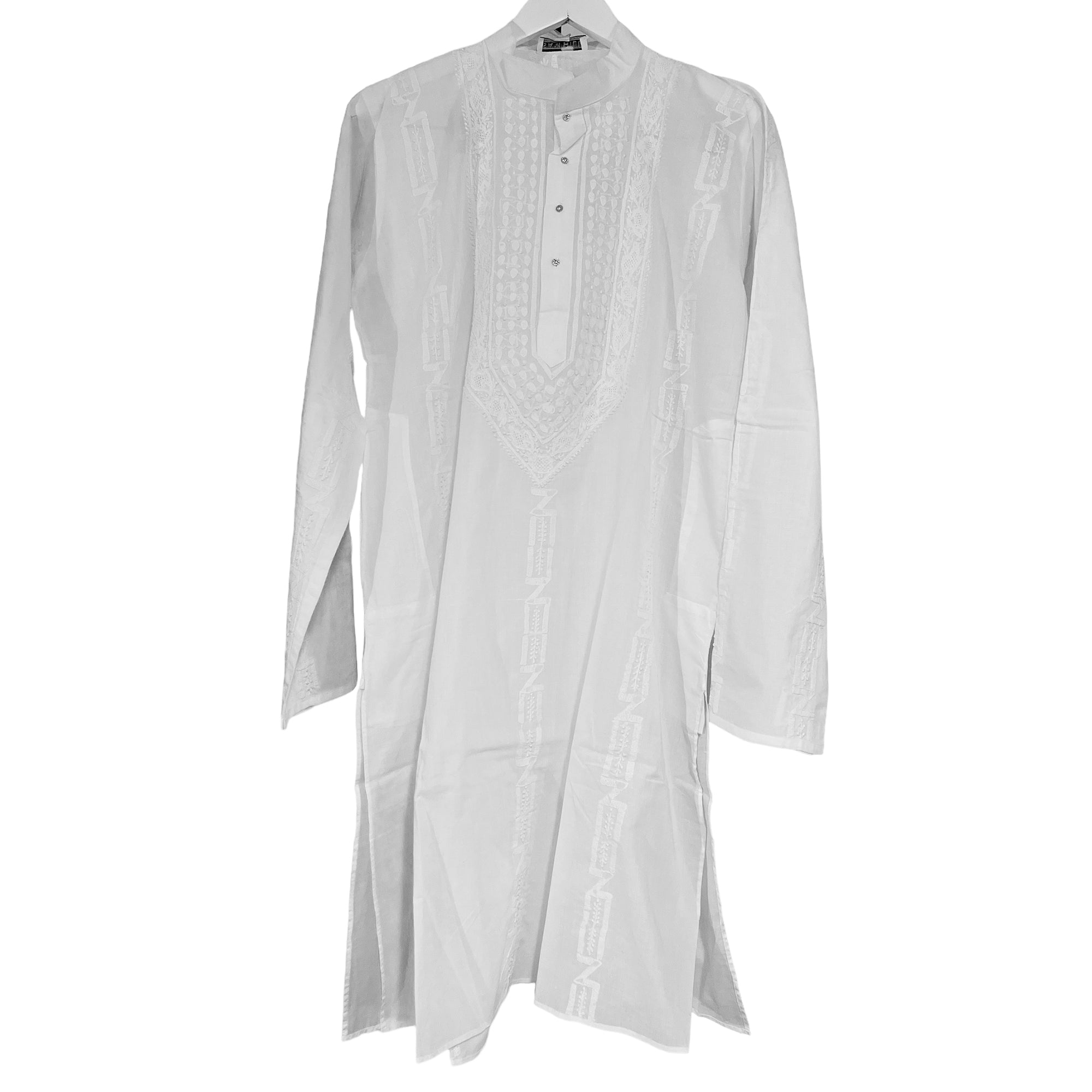 LH Hand Embroidered White Kurtas- 1045 Oval - Vintage India NYC