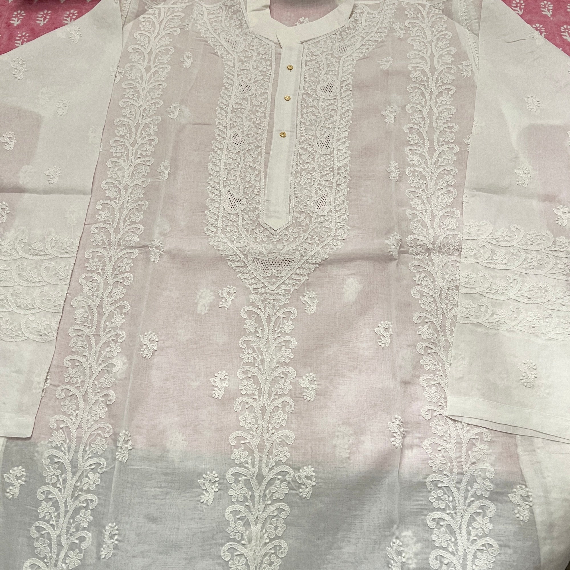 LH Hand Embroidered White Kurtas- Heavy Vine - Vintage India NYC