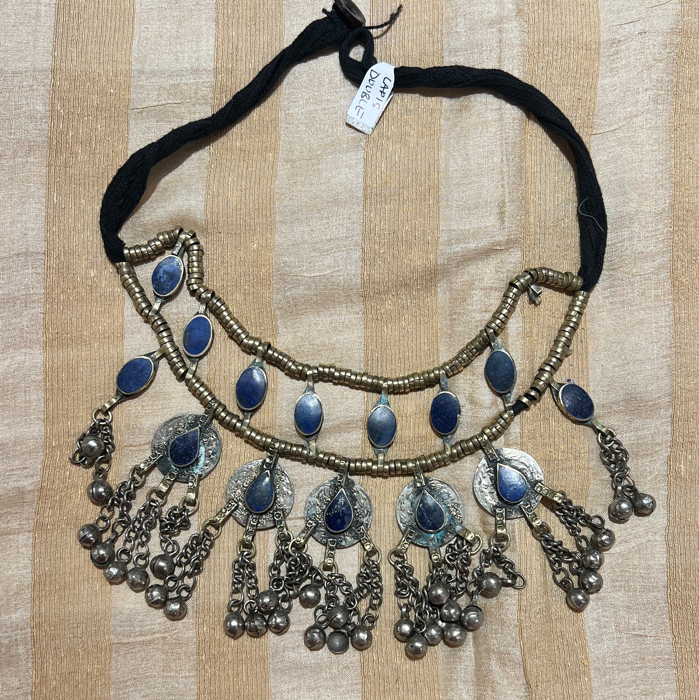 Afghani Lapis Two Tiered Stone Metal Necklace - Vintage India NYC