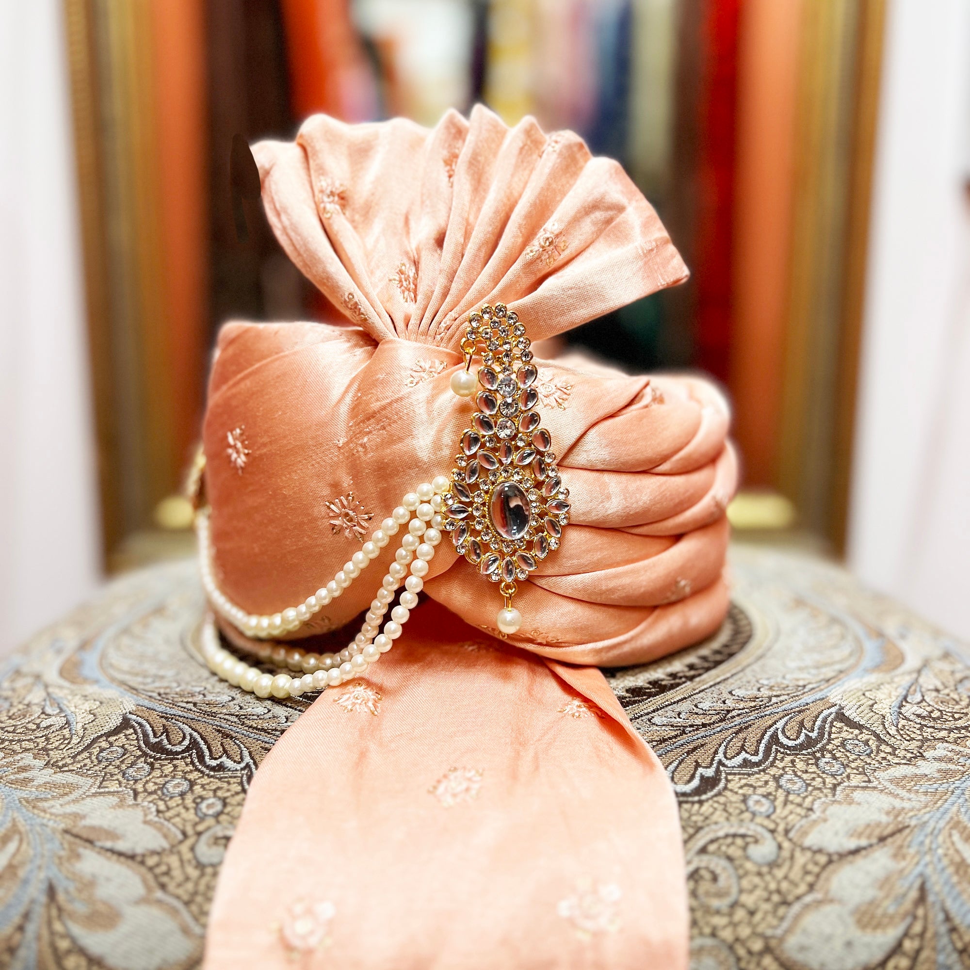 Blush Peach Silk Pagadi Turban - Vintage India NYC