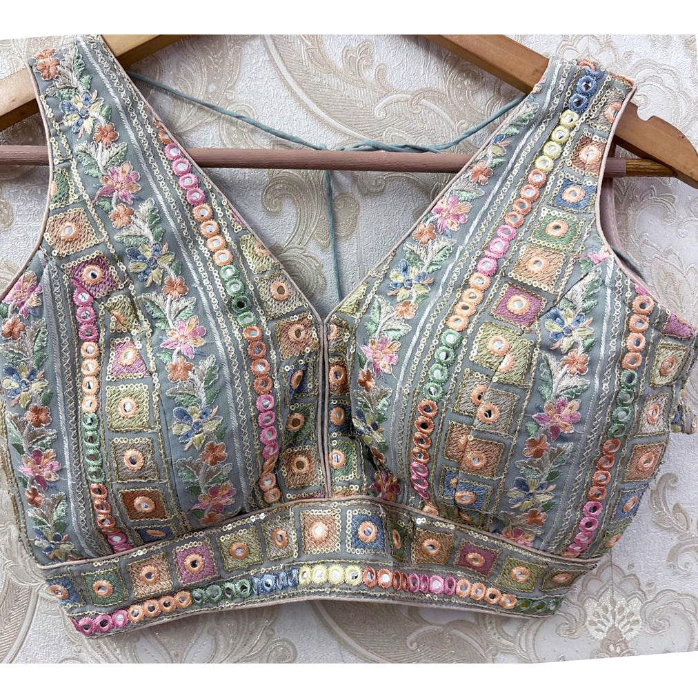 Embroidered V Neck Choli Blouse-Small-Colors - Vintage India NYC