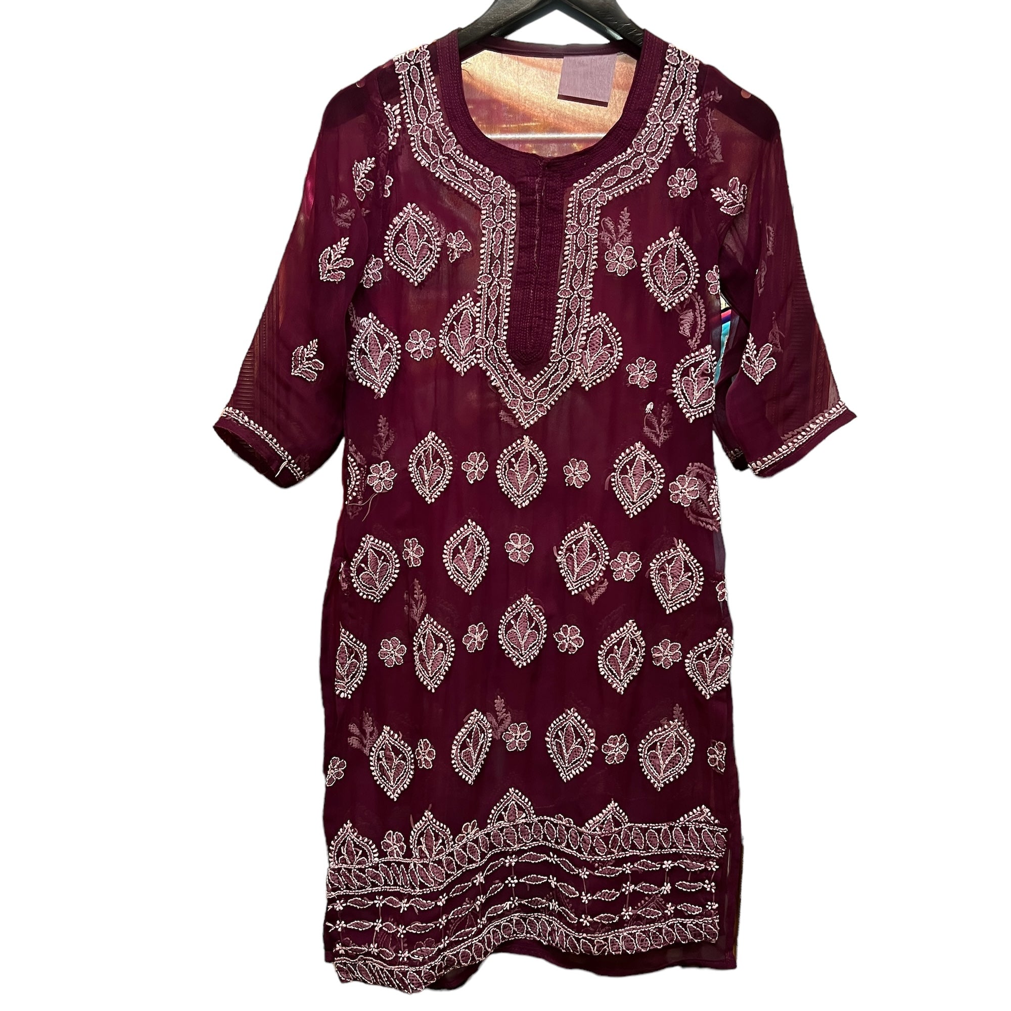 Maroon Georgette Chikan Kurta-Size 32 - Vintage India NYC