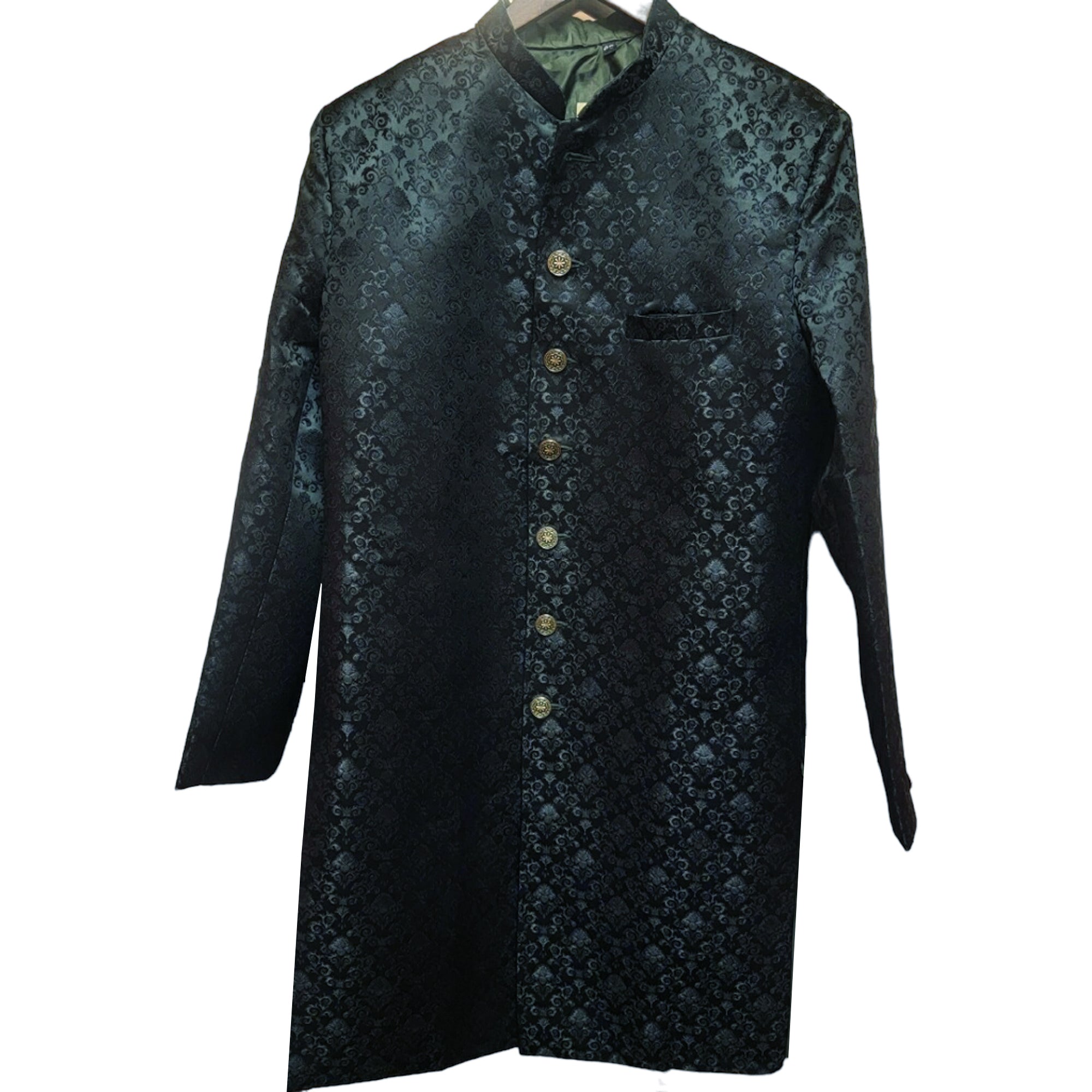 Midnight Teal Jacquard Sherwani - Vintage India NYC