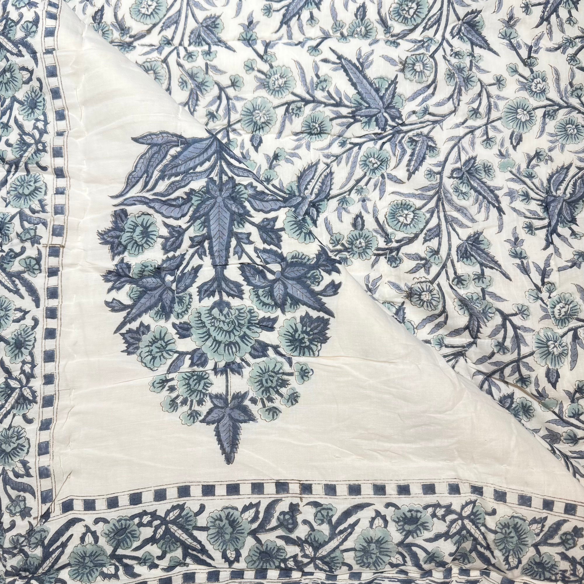 Cotton Reversible Queen Quilt -Muted Indigo - Vintage India NYC