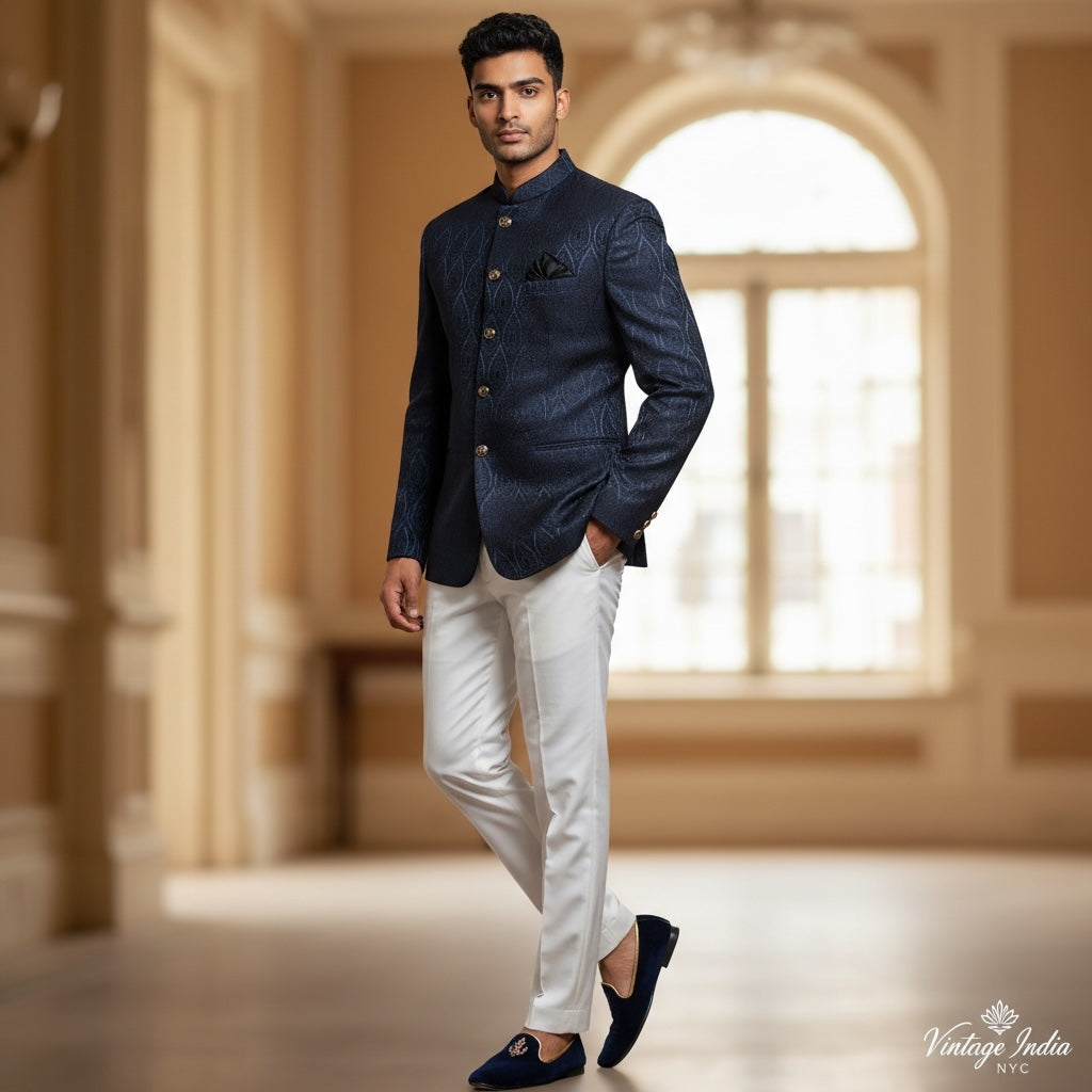 Navy Flame Paisley Jodhpuri Jacket - Vintage India NYC