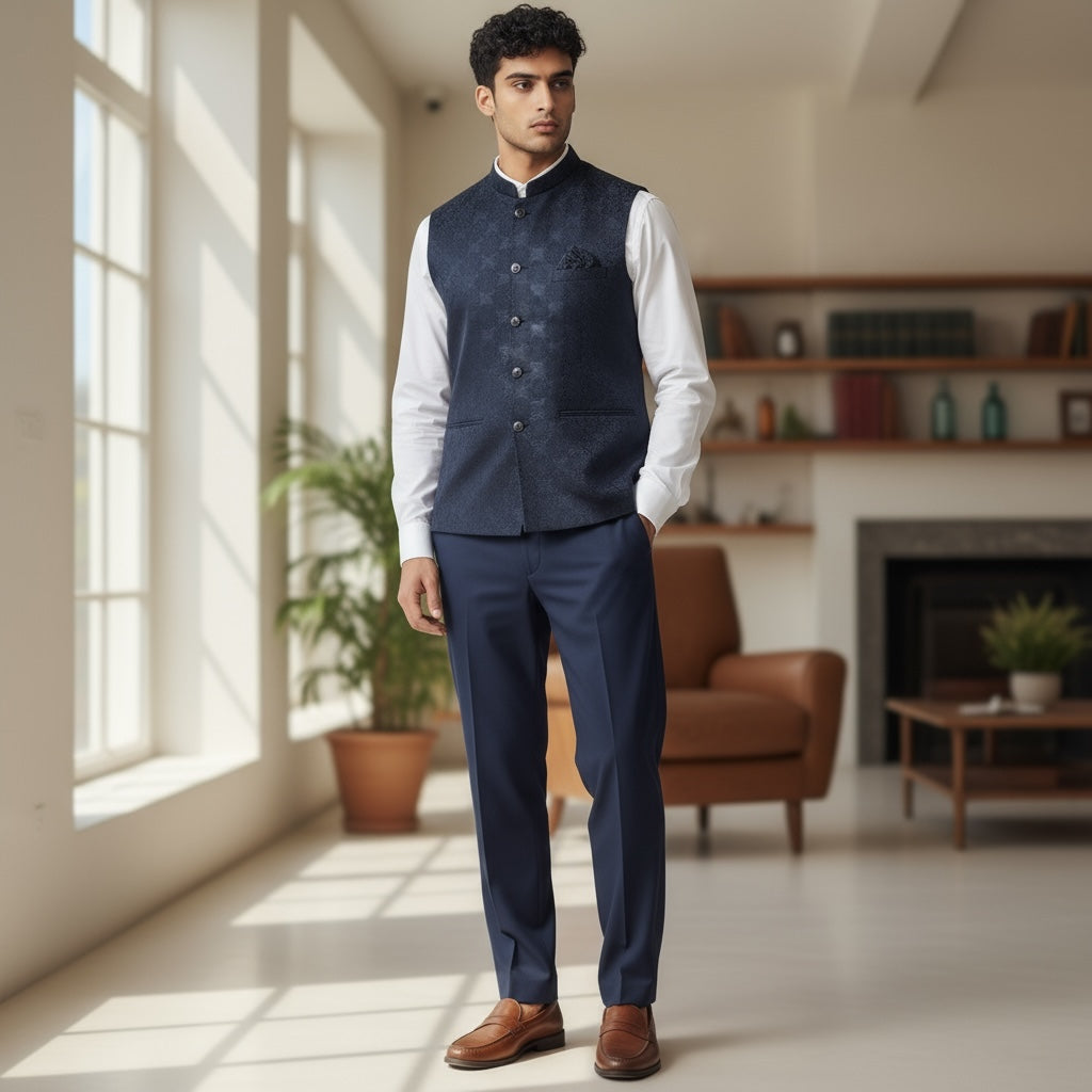 Navy Flower Tile Vest - Vintage India NYC