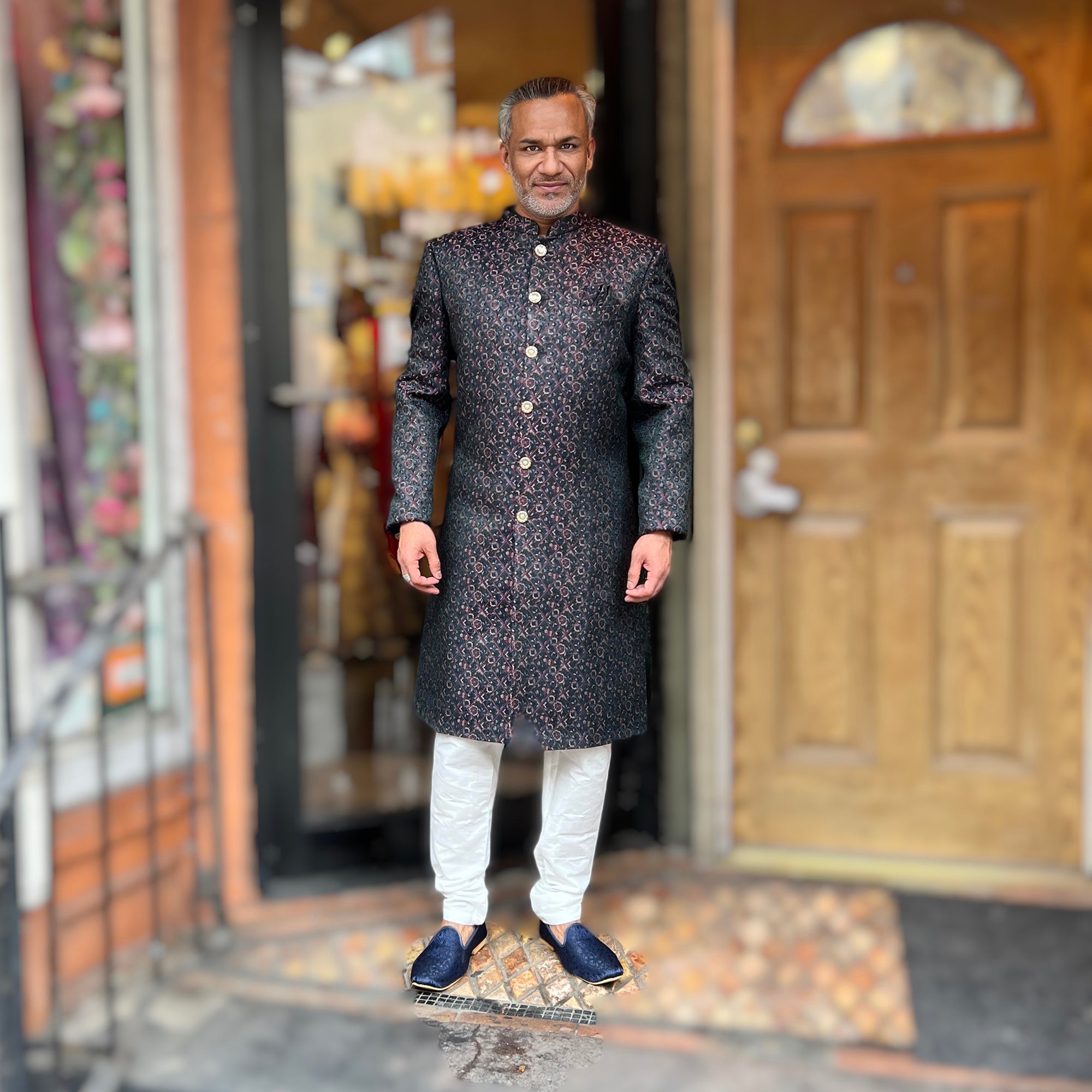 Navy Forest Floral Brocade Sherwani - Vintage India NYC