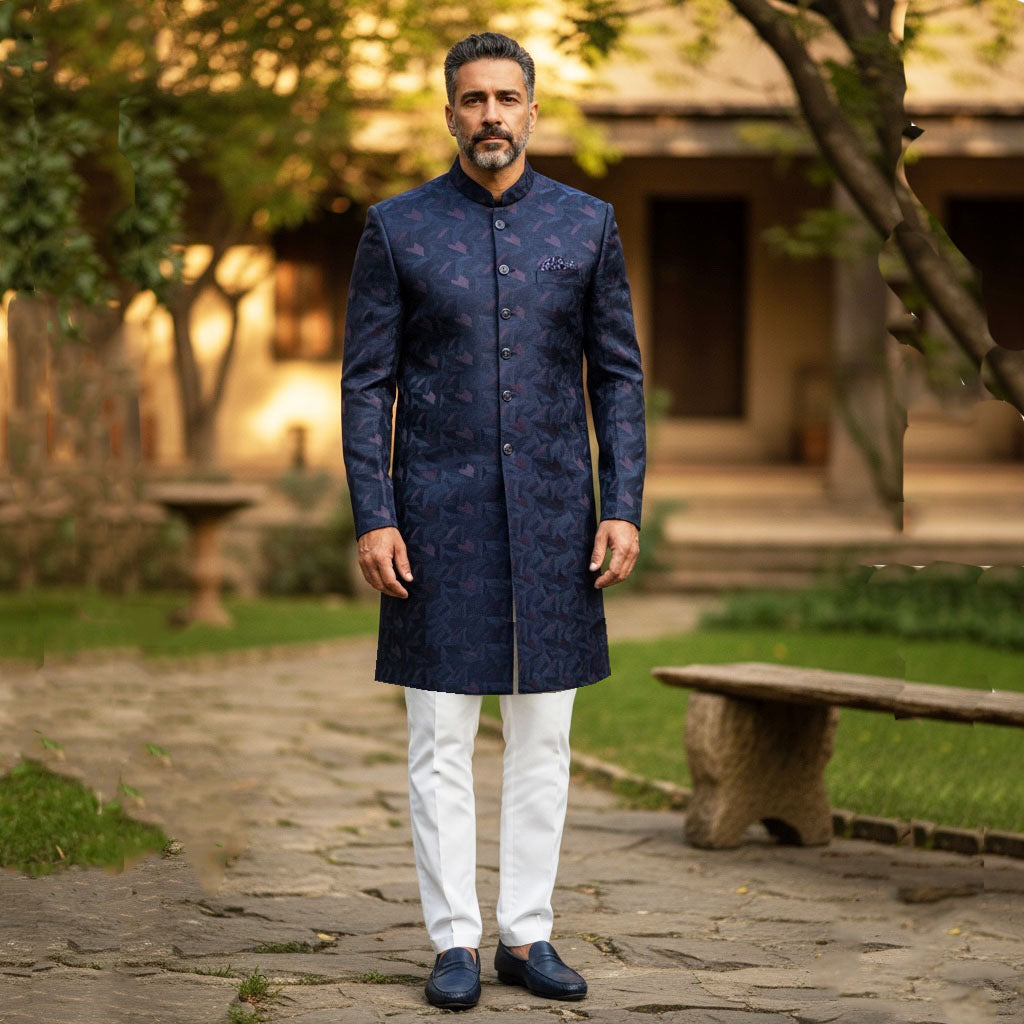 Navy Purple Geometric Sherwani