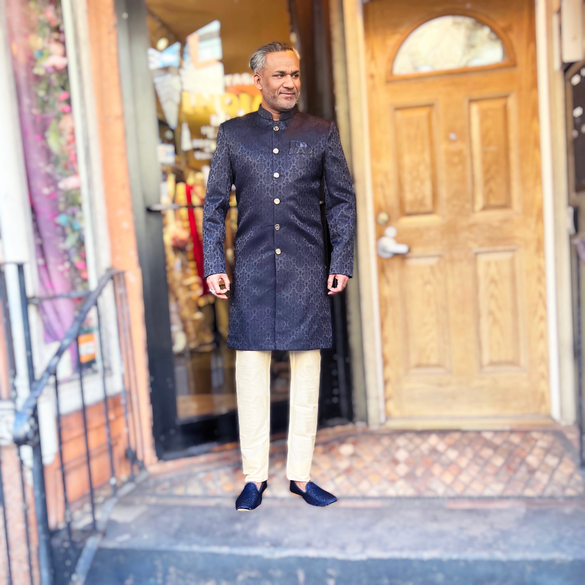 YD Navy Butta Jacquard Sherwani - Vintage India NYC