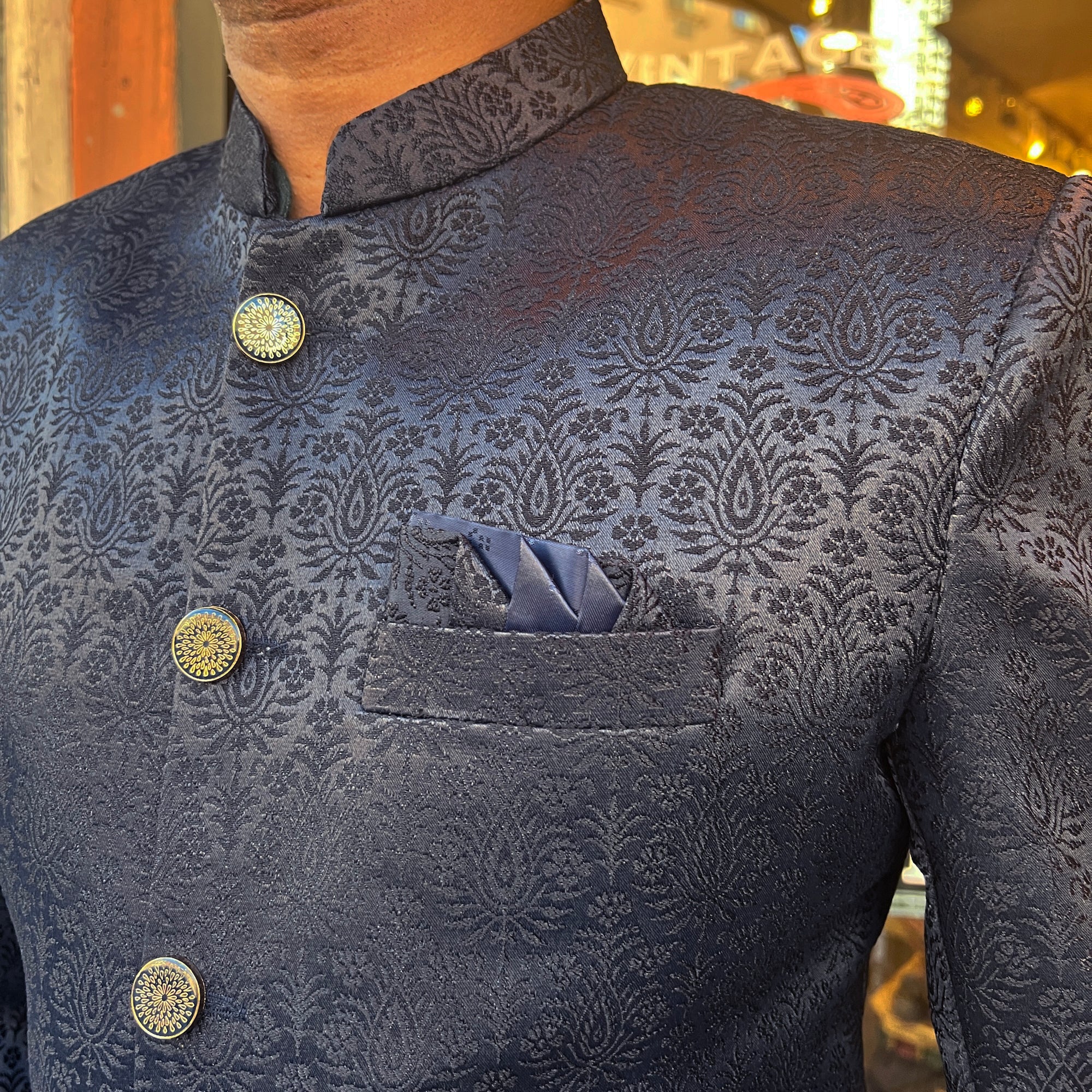 YD Navy Butta Jacquard Sherwani - Vintage India NYC