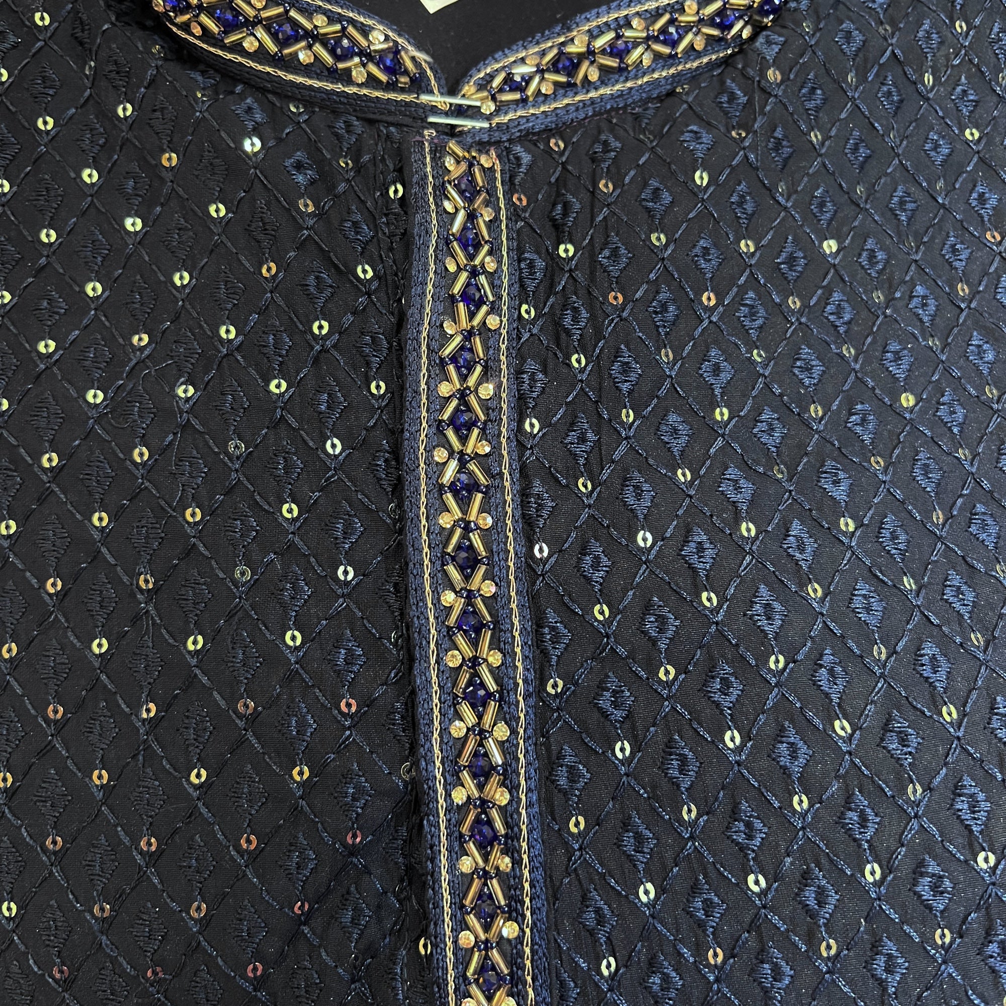 Navy Diamond Embroidered Sequin Kurta - Vintage India NYC