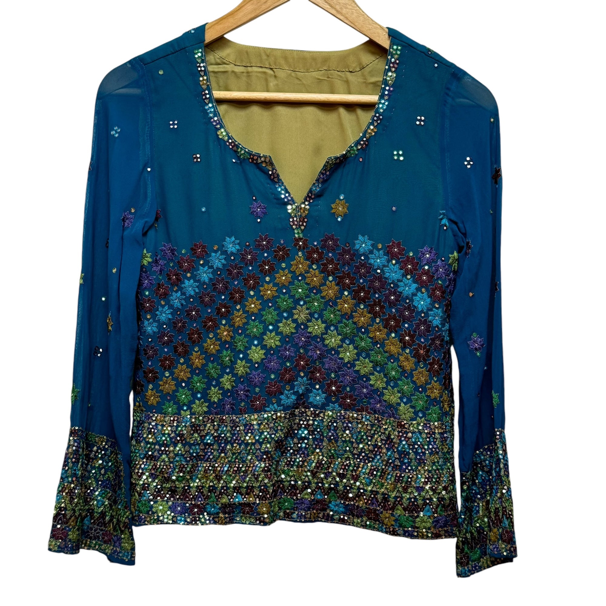 Ocean Embroidered Silk Kurti Top - Vintage India NYC