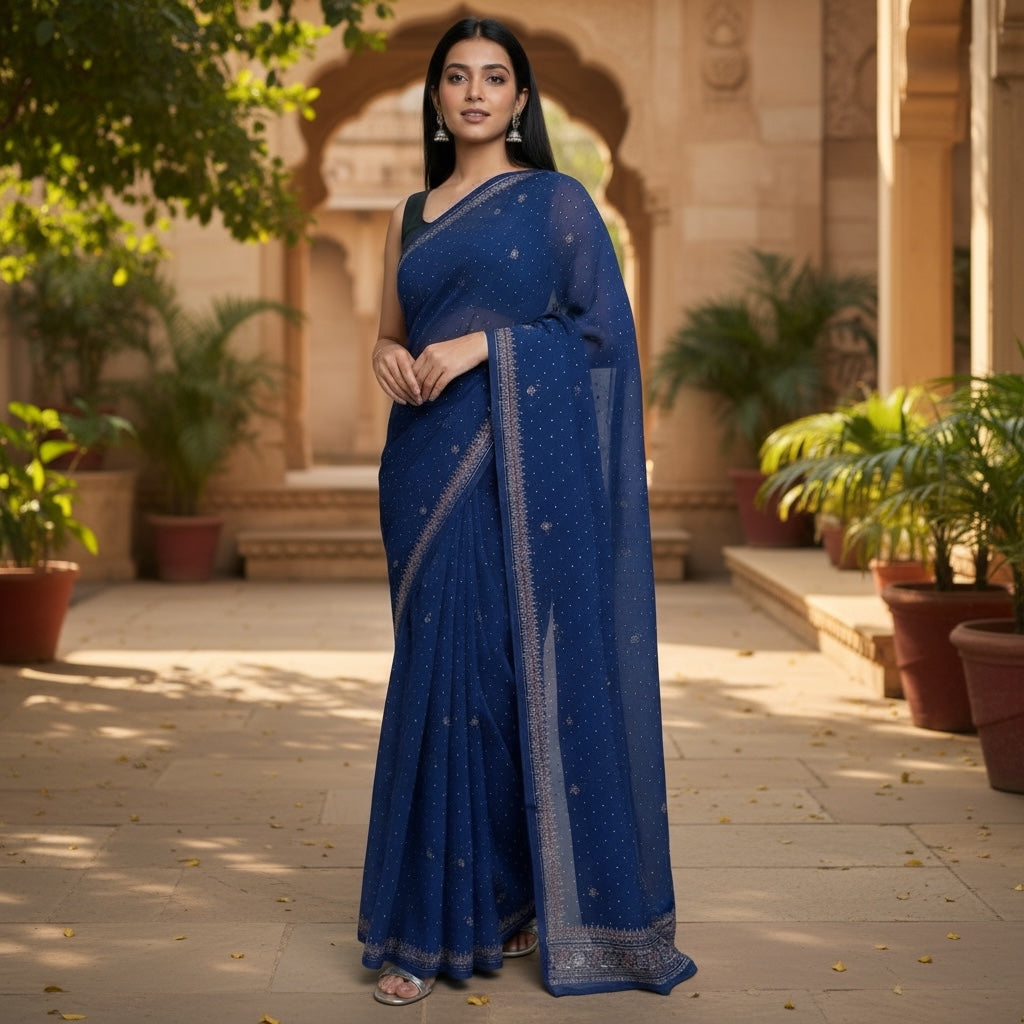 Ocean Georgette Rose Gold Hand Embroidered Zari Saree - Vintage India NYC