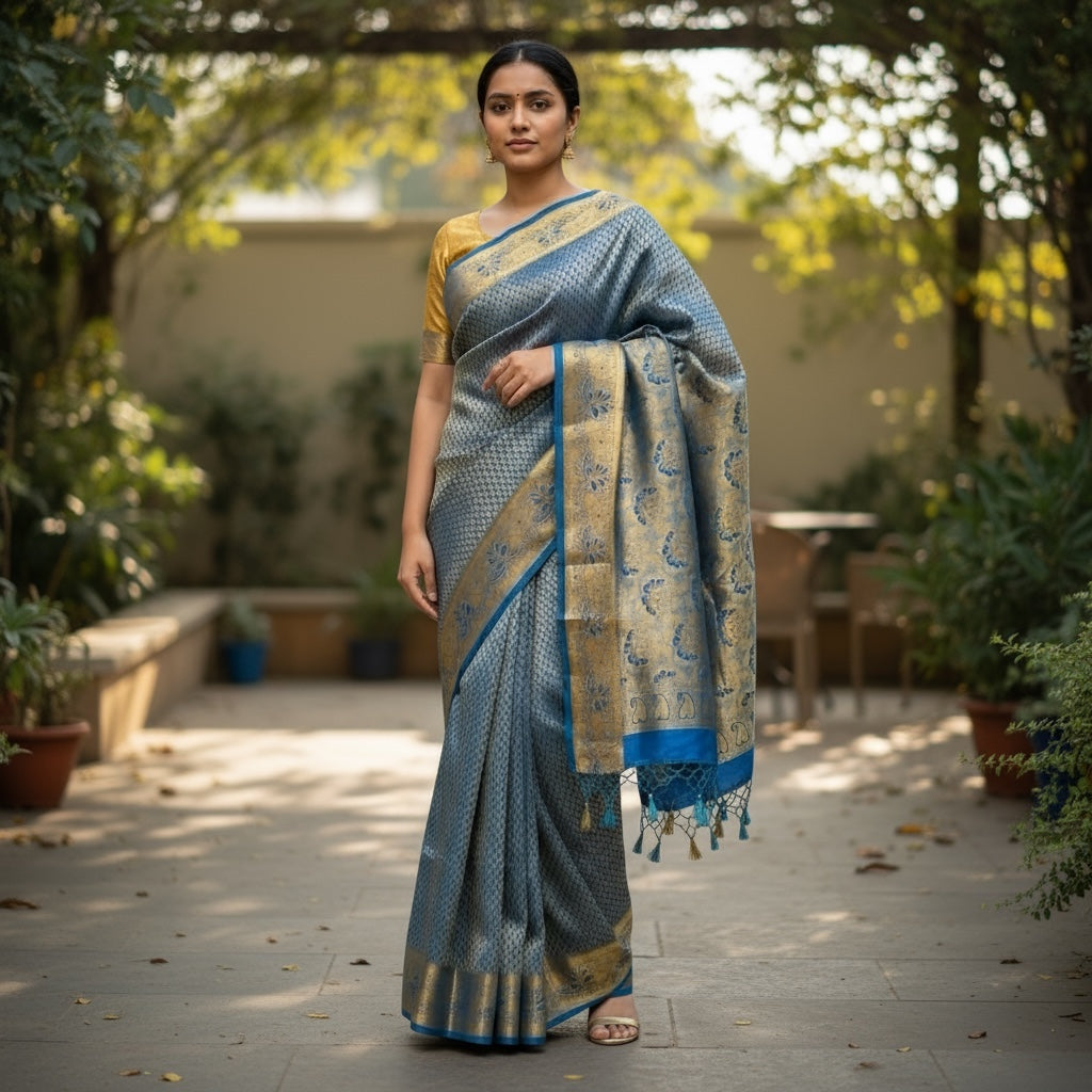 Ocean Kanjivaram Silk Saree - Vintage India NYC