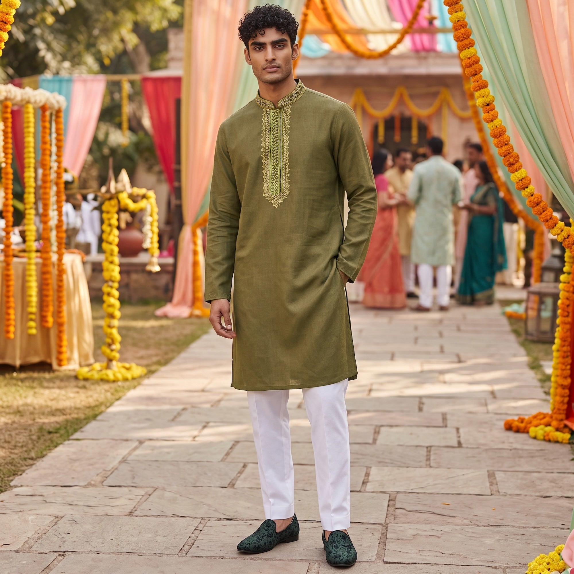 Olive Embroidered Kurta