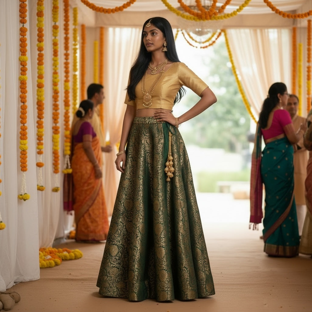 DT Brocade Ornate Flower Lehengas - Vintage India NYC