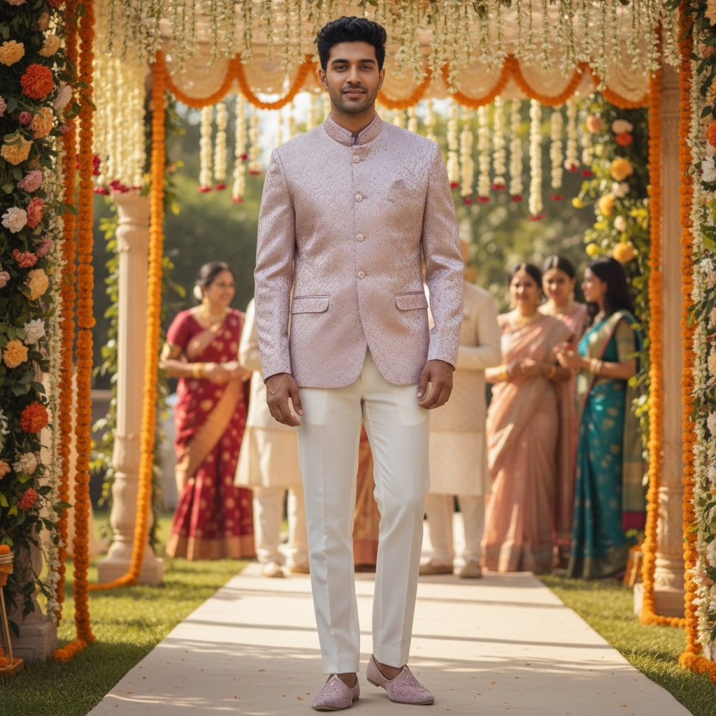 Pale Mauve Stone Jodhpuri Jacket - Vintage India NYC