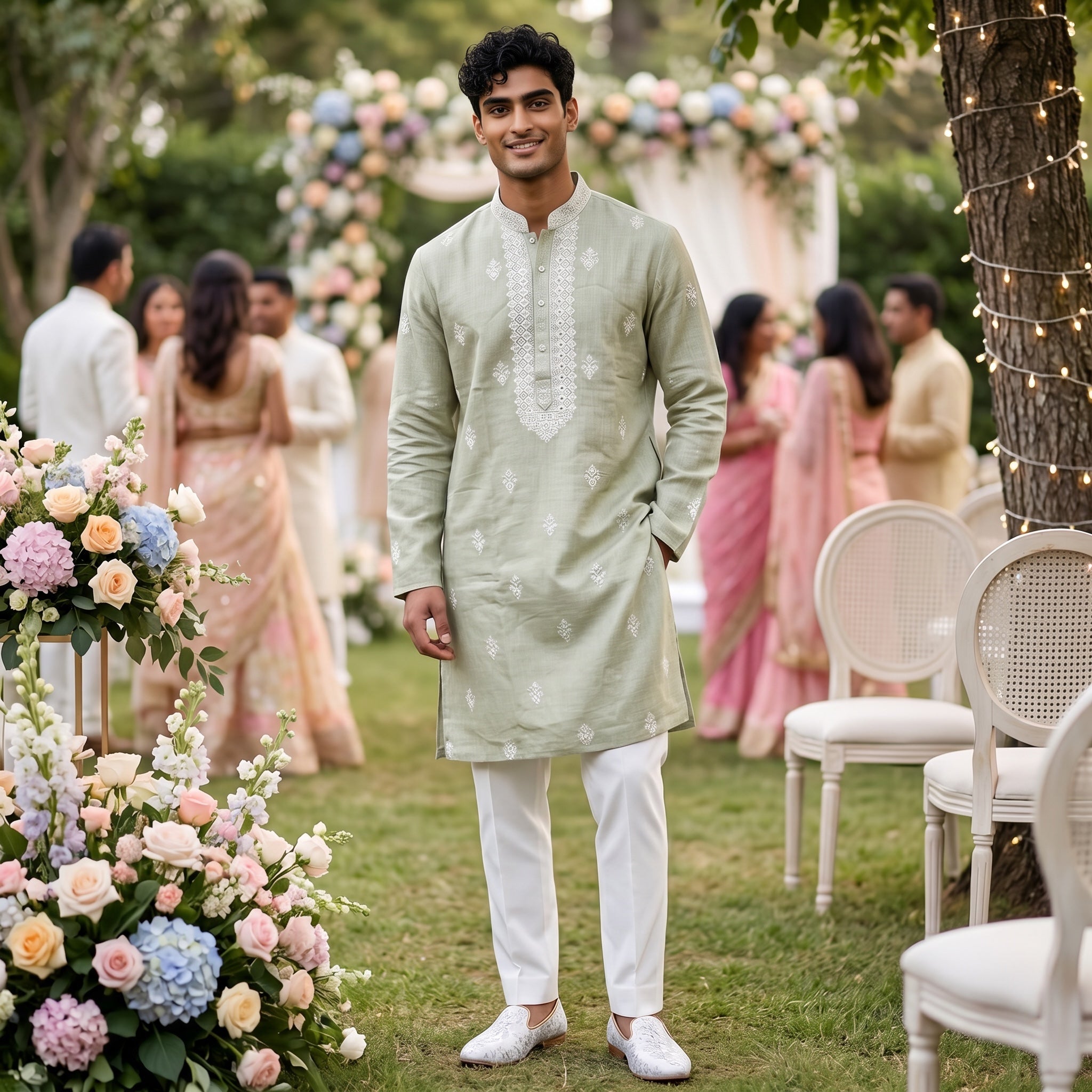 Pale Sage Linen Embroidered Kurta