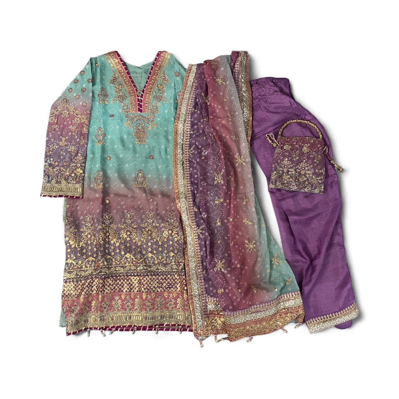 Pastel Bandhani Kurta Straight Pant Set-Size 36